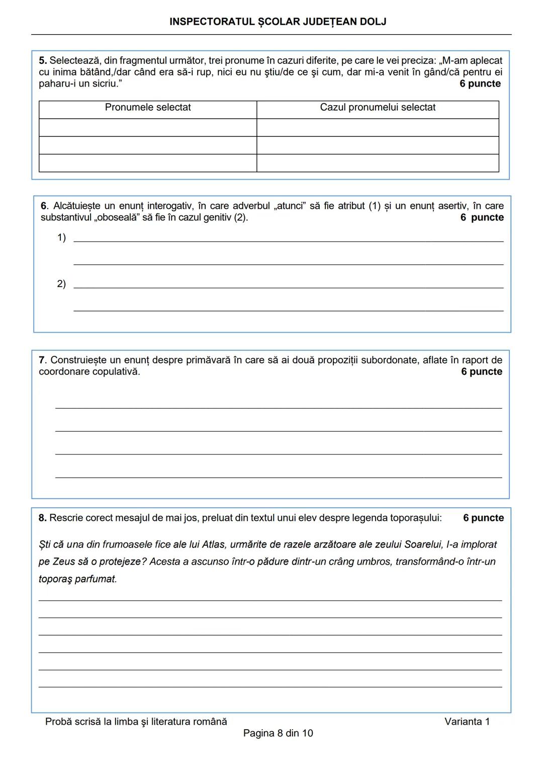 INSPECTORATUL ŞCOLAR JUDEȚEAN DOLJ
Prezenta lucrare conține __________ pagini
Numele: ....................................................