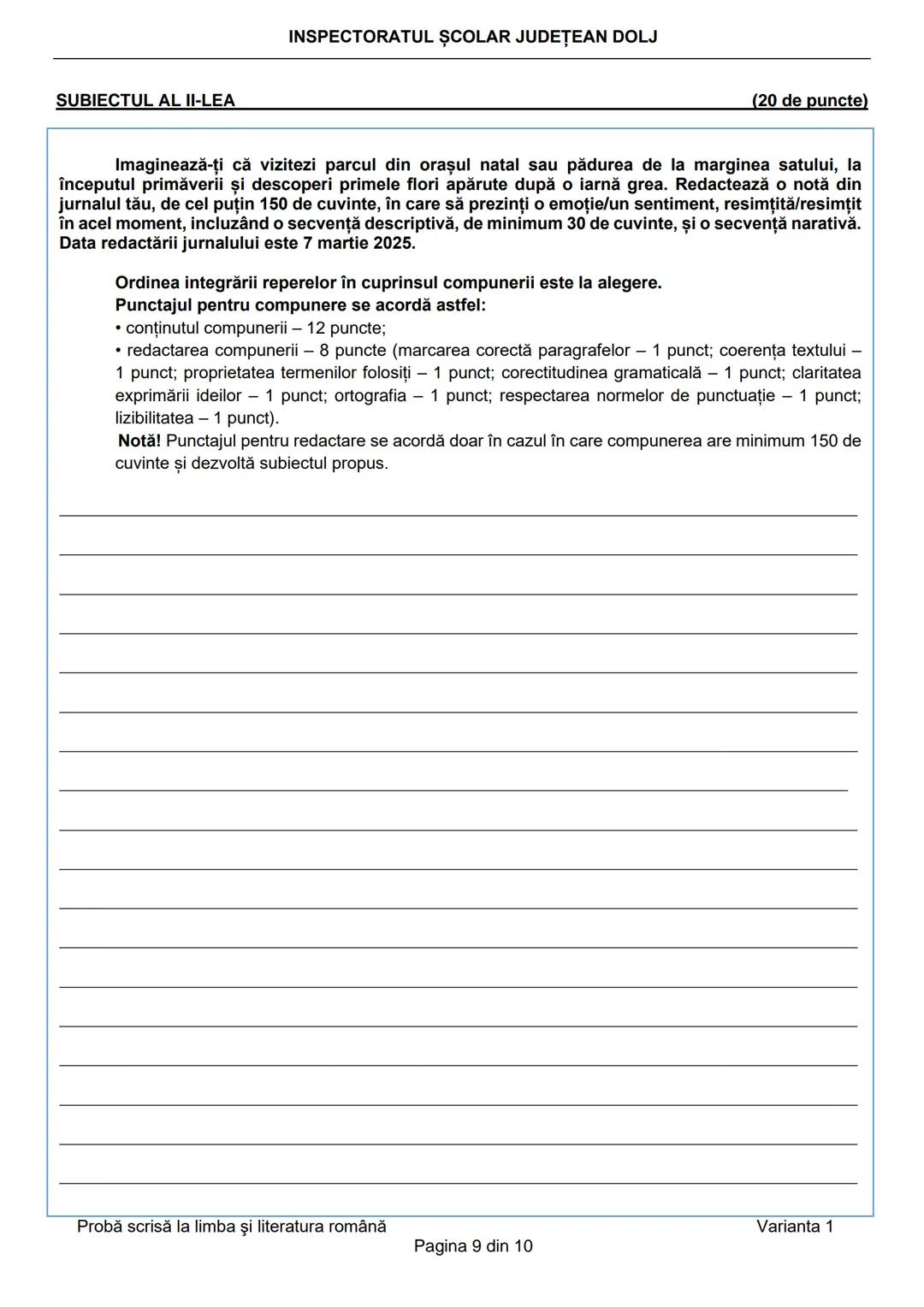 INSPECTORATUL ŞCOLAR JUDEȚEAN DOLJ
Prezenta lucrare conține __________ pagini
Numele: ....................................................