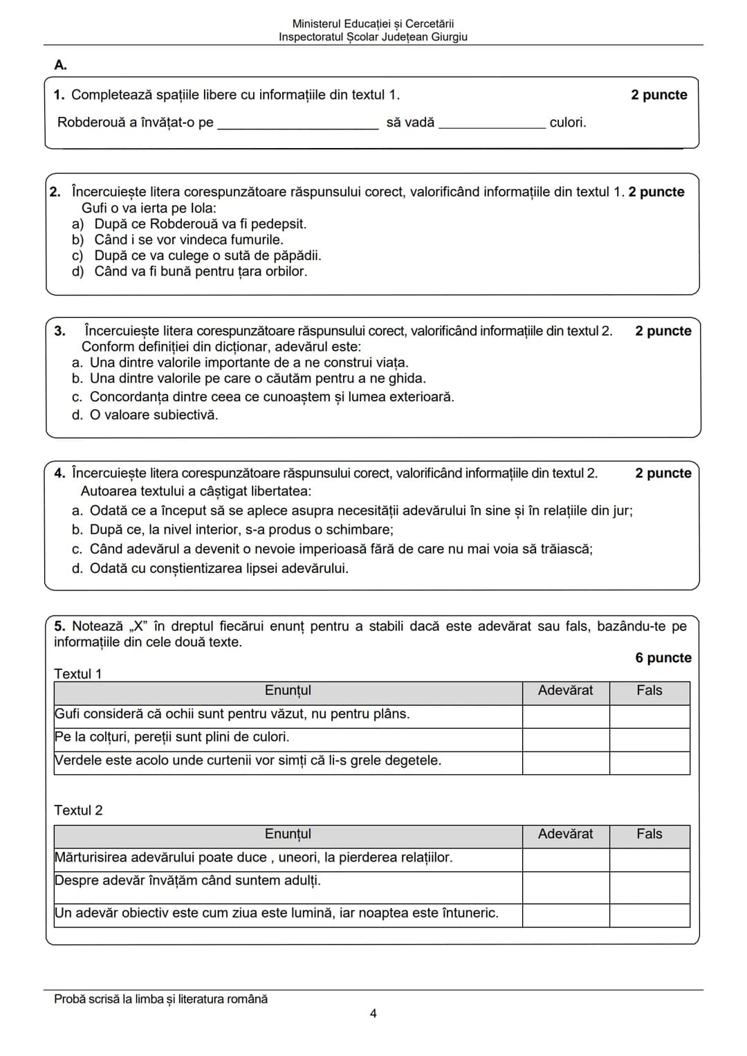 Ministerul Educației și Cercetării
Inspectoratul Şcolar Judeţean Giurgiu
Prezenta lucrare conține ...... pagini
Numele:...................
