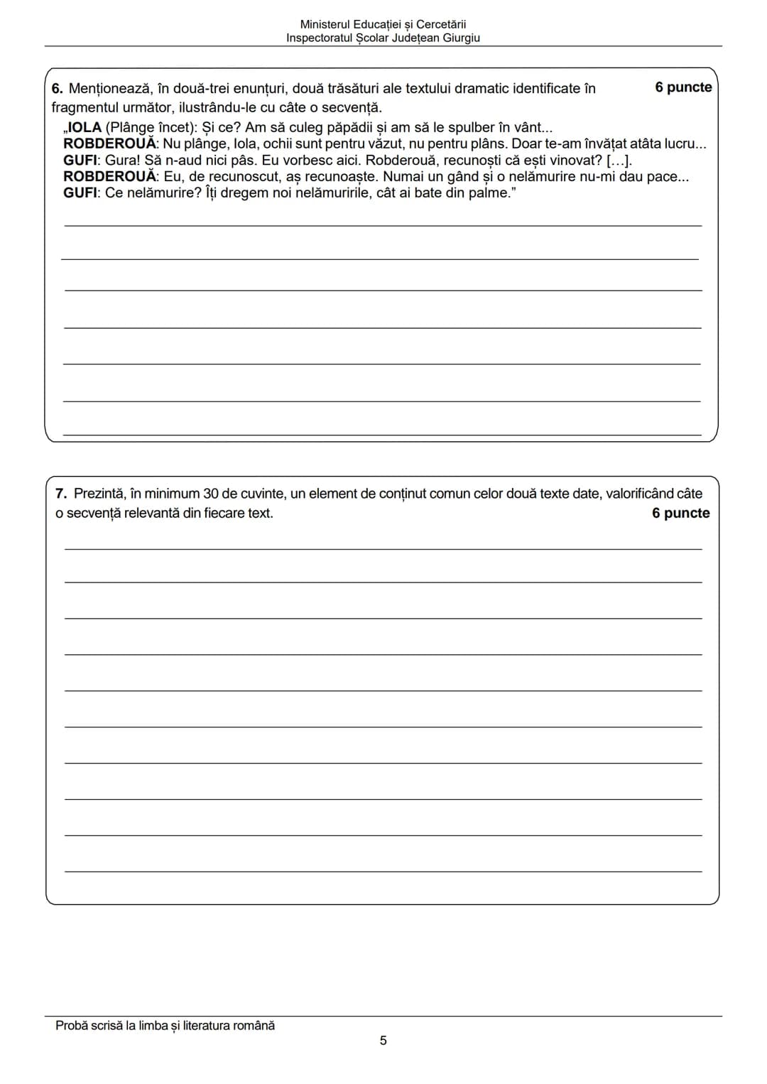 Ministerul Educației și Cercetării
Inspectoratul Şcolar Judeţean Giurgiu
Prezenta lucrare conține ...... pagini
Numele:...................