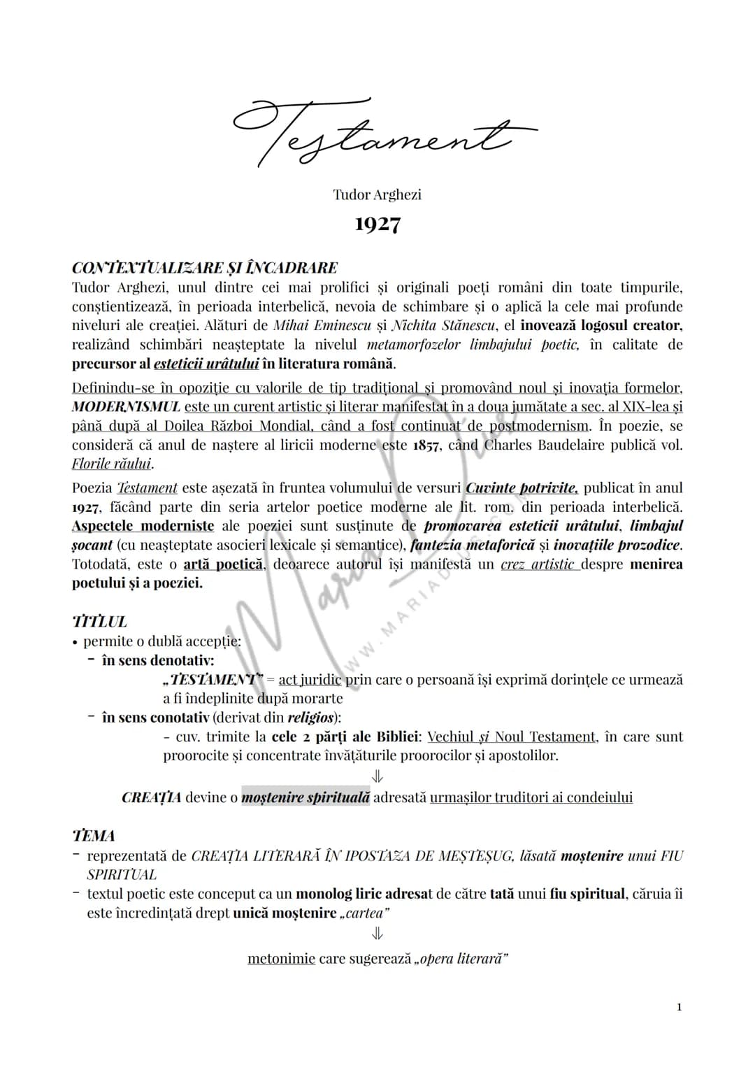 # Testament
Tudor Arghezi
1927
CONTEXTUALIZARE ȘI ÎNCADRARE
Tudor Arghezi, unul dintre cei mai prolifici și originali poeți români din t