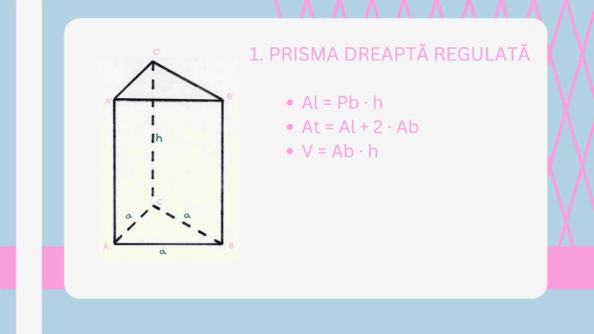 # FORMULE
arii și volume # IMPORTANT
Al - suma ariilor feţelor laterale
At - suma ariilor tuturor feţelor + bazele
V - volum
d - diagonală