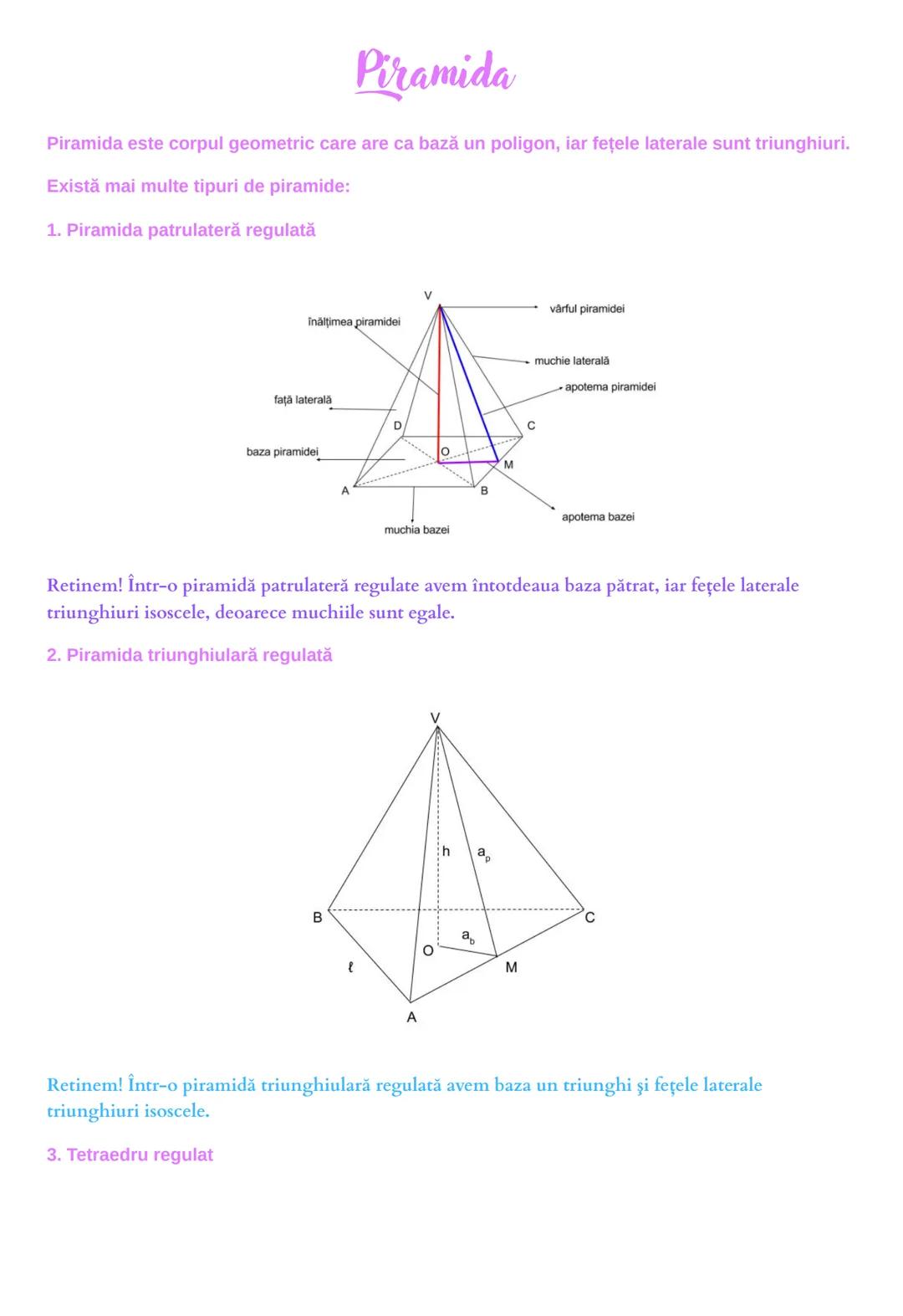 # Piramida
Piramida este corpul geometric care are ca bază un poligon, iar feţele laterale sunt triunghiuri.
Există mai multe tipuri de pira