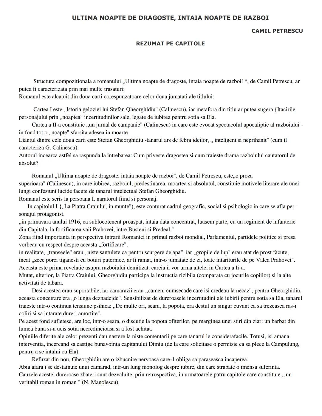 ULTIMA NOAPTE DE DRAGOSTE, IΝΤΑΙΑ ΝΟΑPTE DE RAZΒΟΙ
CAMIL PETRESCU
REZUMAT PE CAPITOLE
Structura compozitionala a romanului „Ultima noapte de