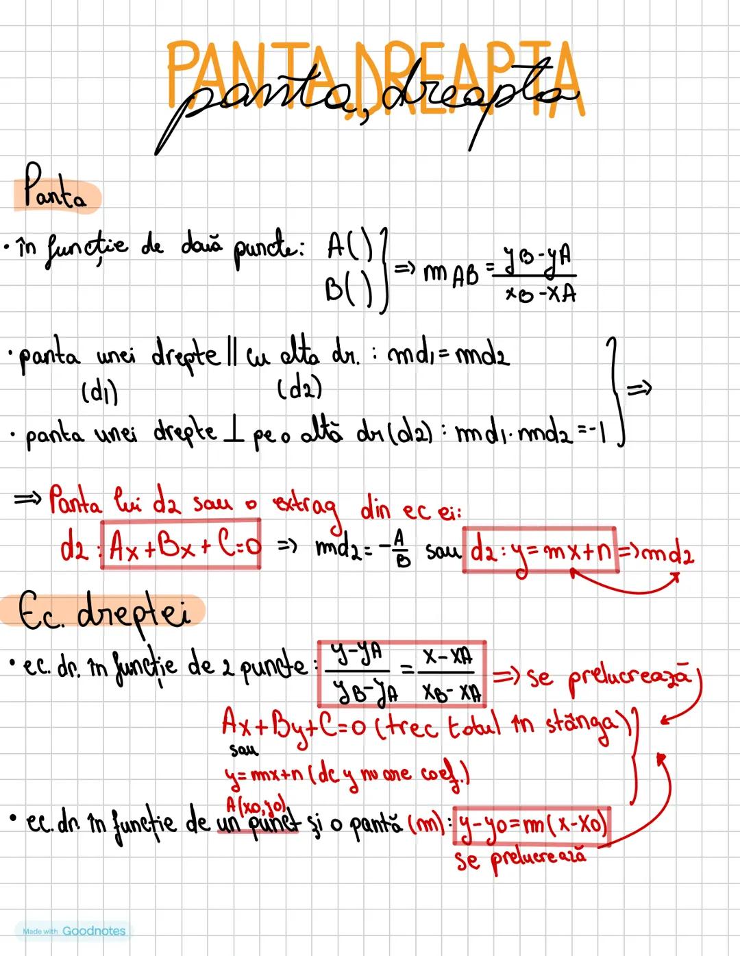 Panta
panta, dreapta
• în funcție de două puncte: A()
B()
=> mAB = \frac{y_0-y_A}{x_0-x_A}
•panta unei drepte ll cu alta dr. : md1=md2
(d1)