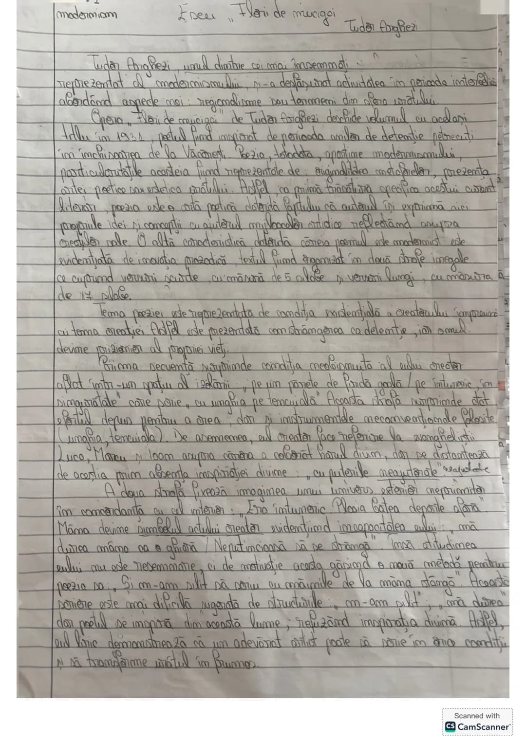 ## modermiom
## Eseu
## Flori de mucigai Tudor Arghezi
Tudor Arghezi, unul dintre cei mai însemnați
reprezentanți ai modernismului, și-a d