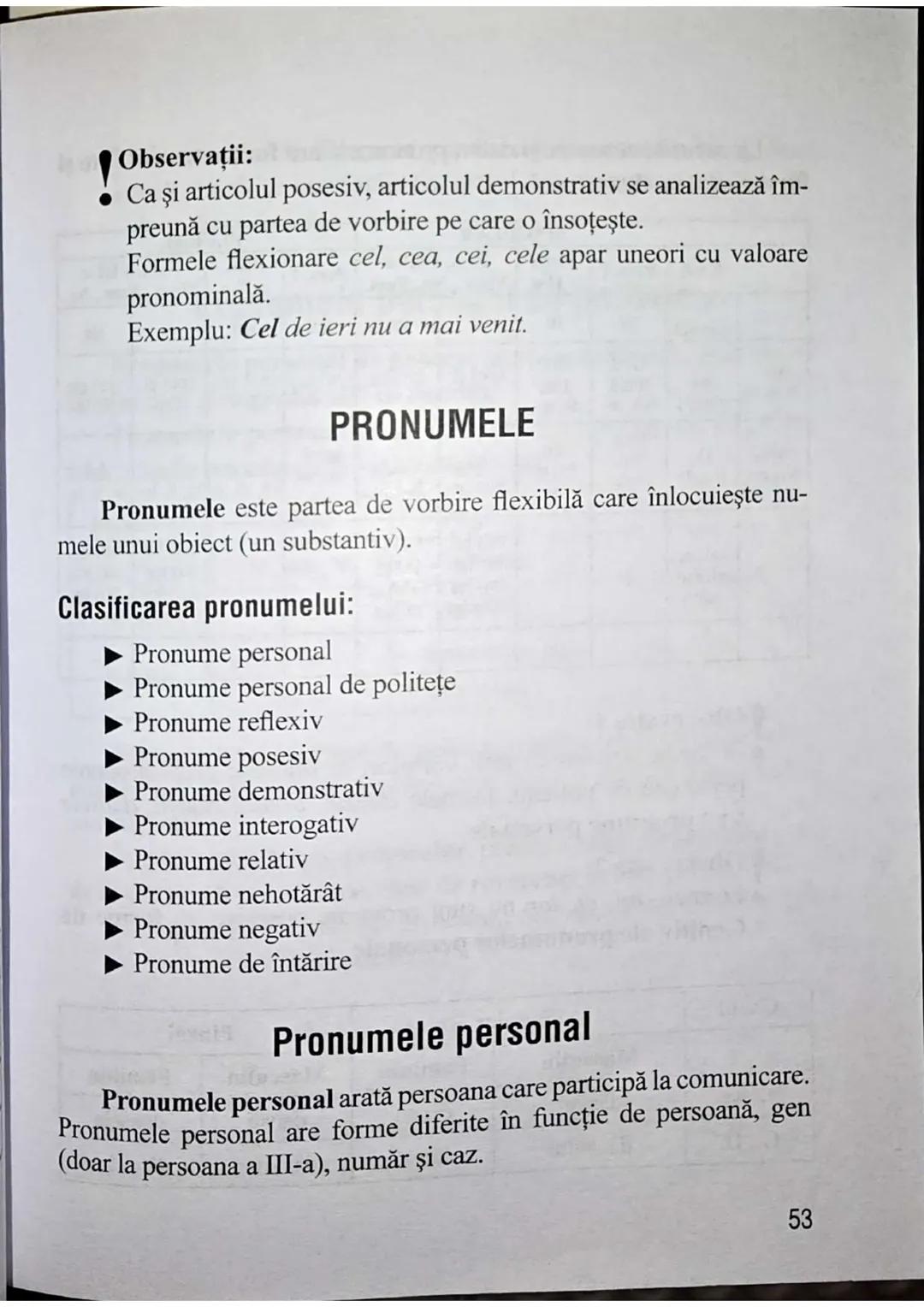 Observaţii:
Ca şi articolul posesiv, articolul demonstrativ se analizează îm-
preună cu partea de vorbire pe care o însoțește.
Formele flexi
