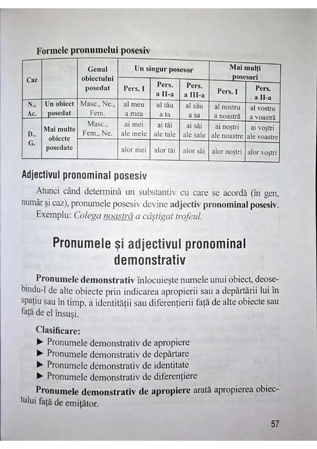 Observaţii:
Ca şi articolul posesiv, articolul demonstrativ se analizează îm-
preună cu partea de vorbire pe care o însoțește.
Formele flexi