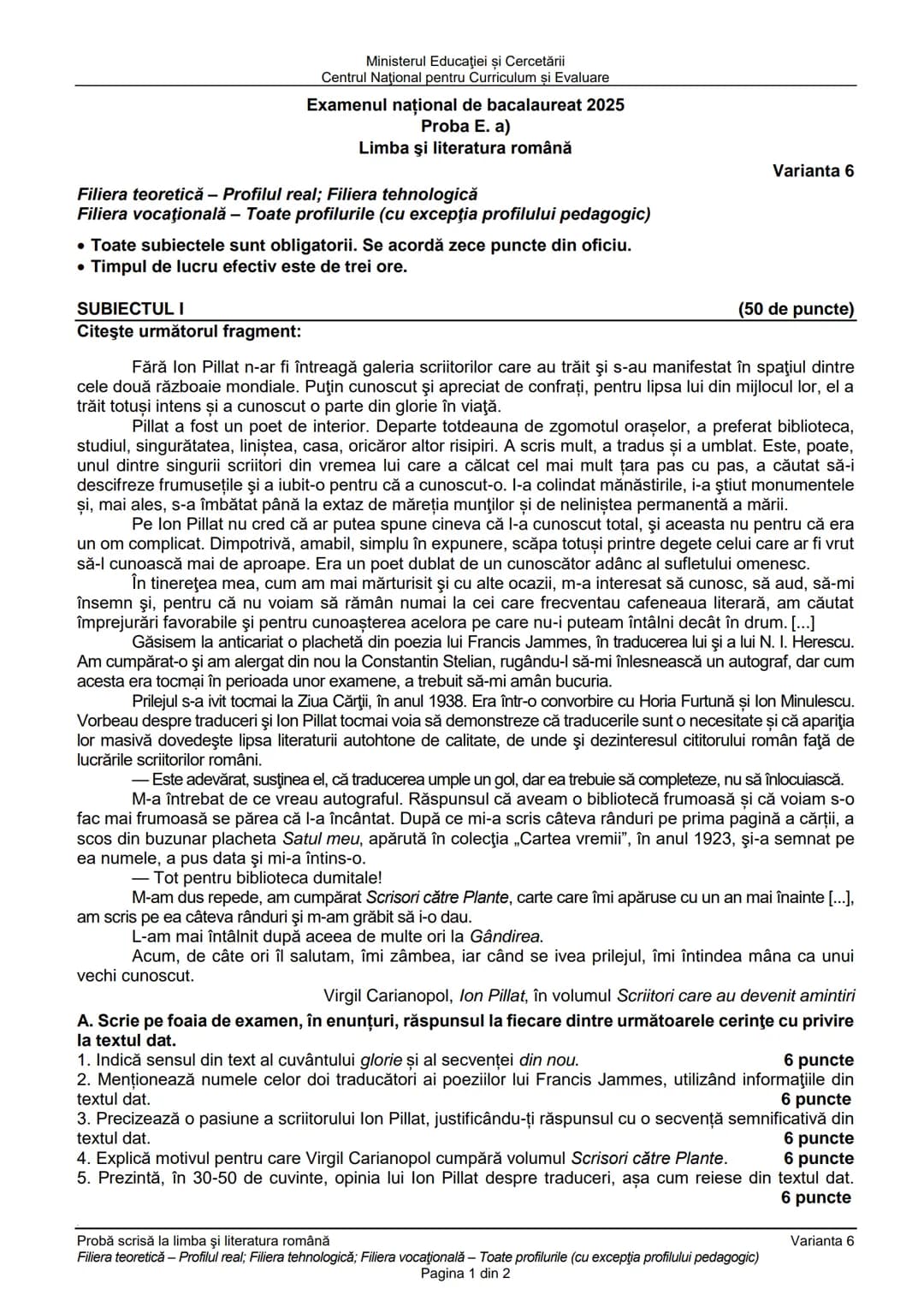 Ministerul Educaţiei şi Cercetării
Centrul Naţional pentru Curriculum şi Evaluare
Examenul național de bacalaureat 2025
Proba E. a)
Limba şi