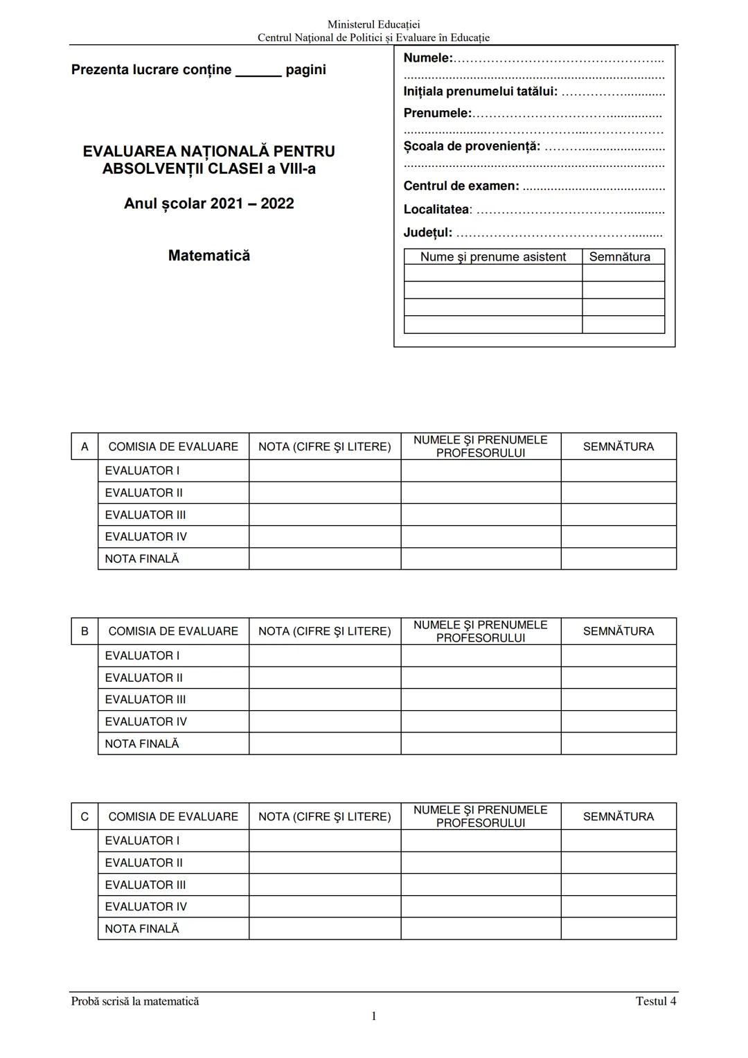EN MATEMATICA CLASA A VIII-A