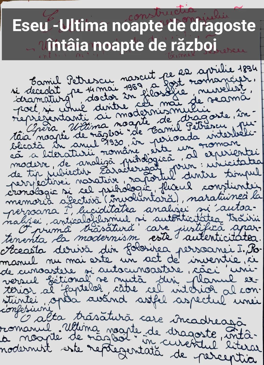 --- OCR Start ---
constructia juliu
Eseu -Ultima noapte de dragoste
întâia noapte de războiu
Camil Petrescu nascut pe 22 aprilie 1894
si dec