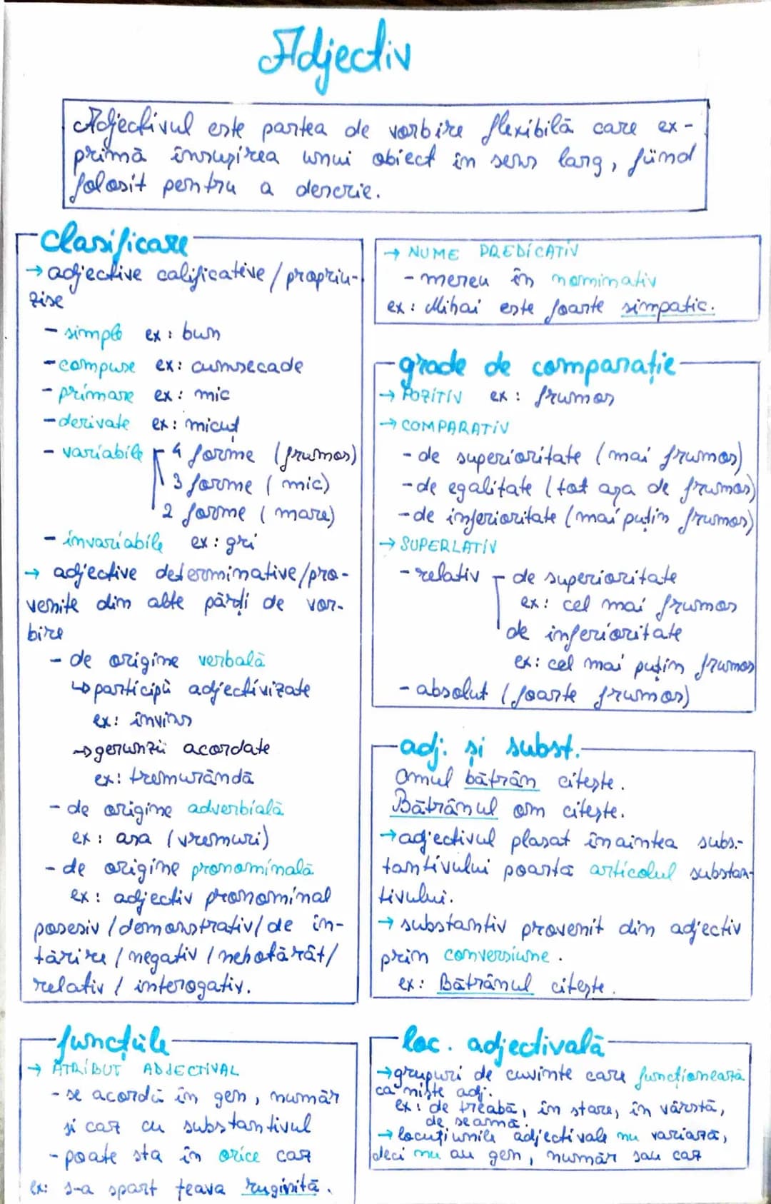 Adjectiv
Hojectivul este partea de vorbire flexibilă care ex-
primă însuşirea unui obiect în sens lang, fiind
folosit pentru a descrie.
-Cla