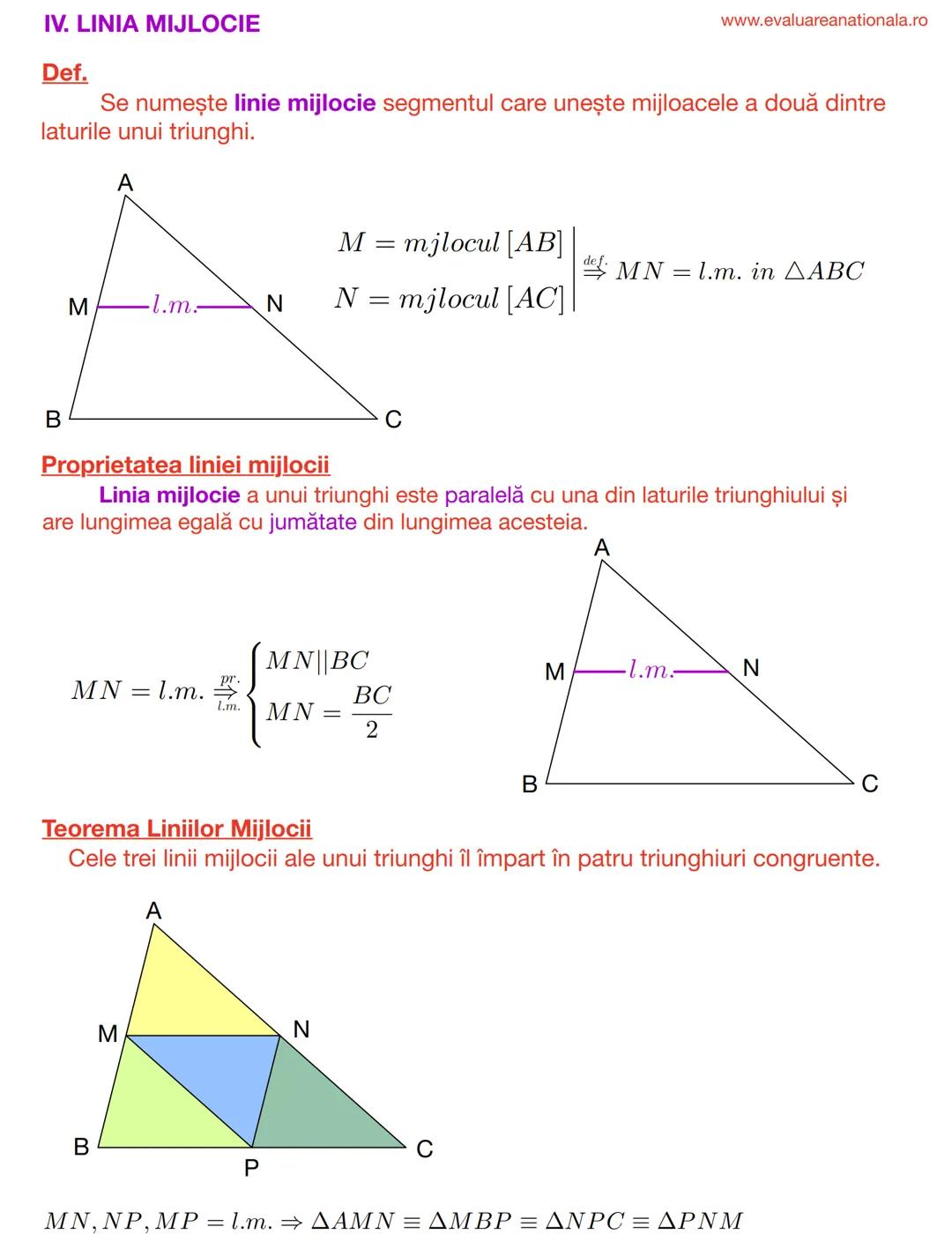 I. BISECTOAREA
Def.
www.evaluareanationala.ro
LINII IMPORTANTE ÎN TRIUNGHI
Se numeşte BISECTOARE acea semidreaptă care împarte unghiul în do