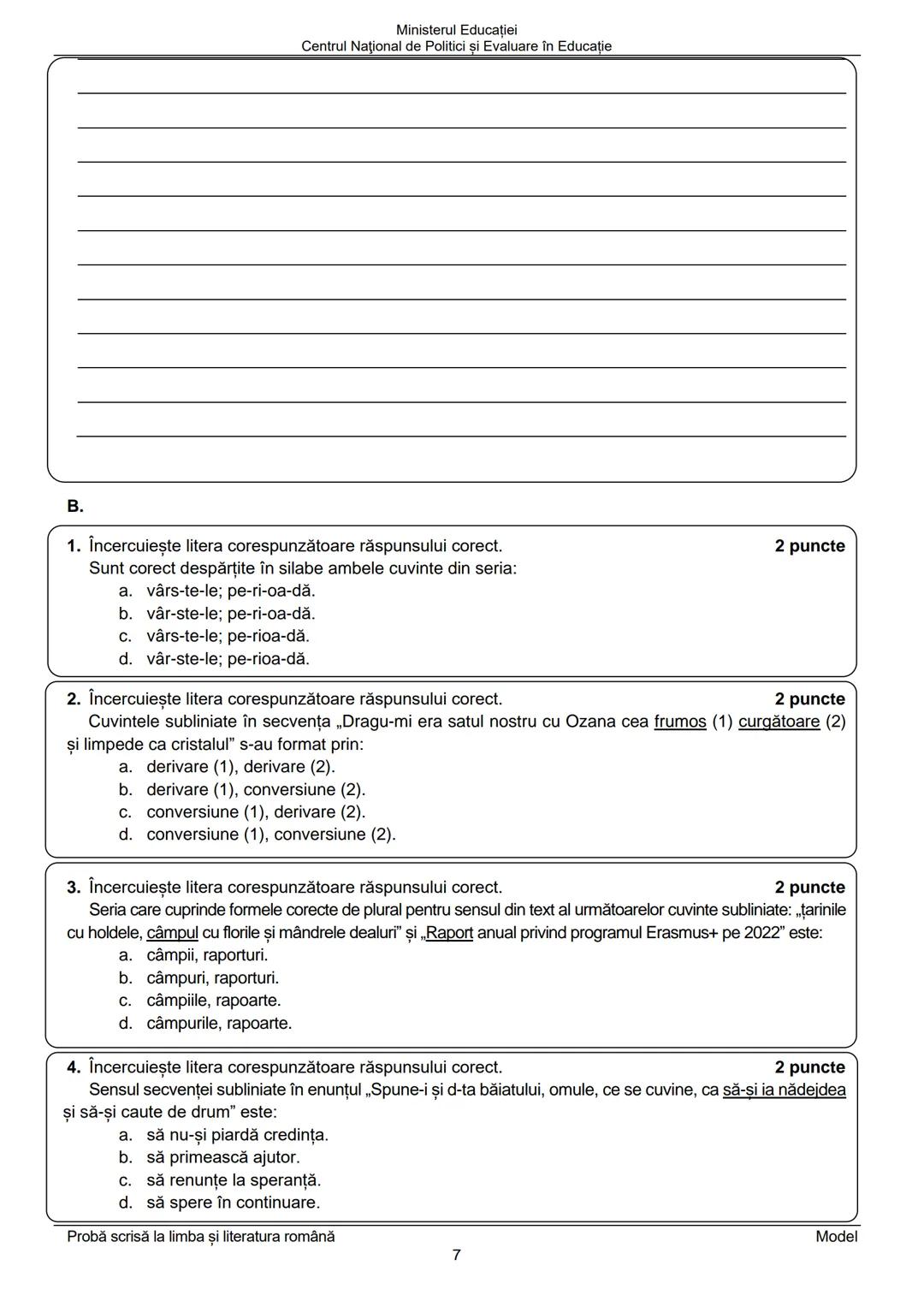 # Ministerul Educației
# Centrul Național de Politici și Evaluare în Educație
Prezenta lucrare conține ____ pagini
# EVALUAREA NAȚIONALĂ P