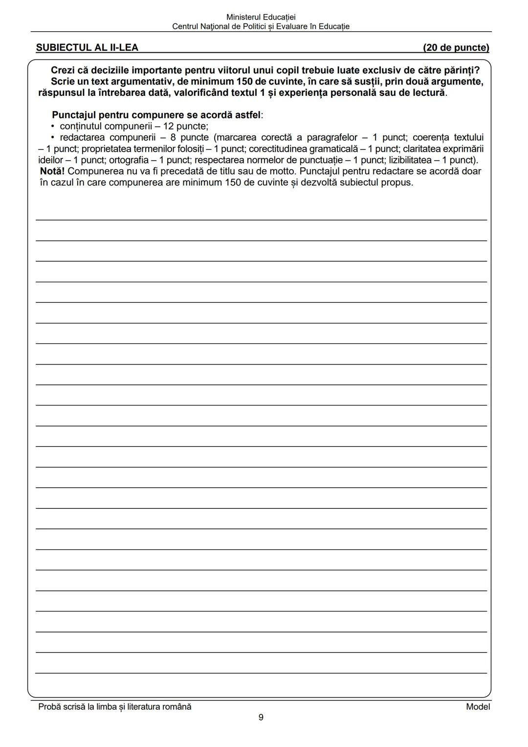 # Ministerul Educației
# Centrul Național de Politici și Evaluare în Educație
Prezenta lucrare conține ____ pagini
# EVALUAREA NAȚIONALĂ P