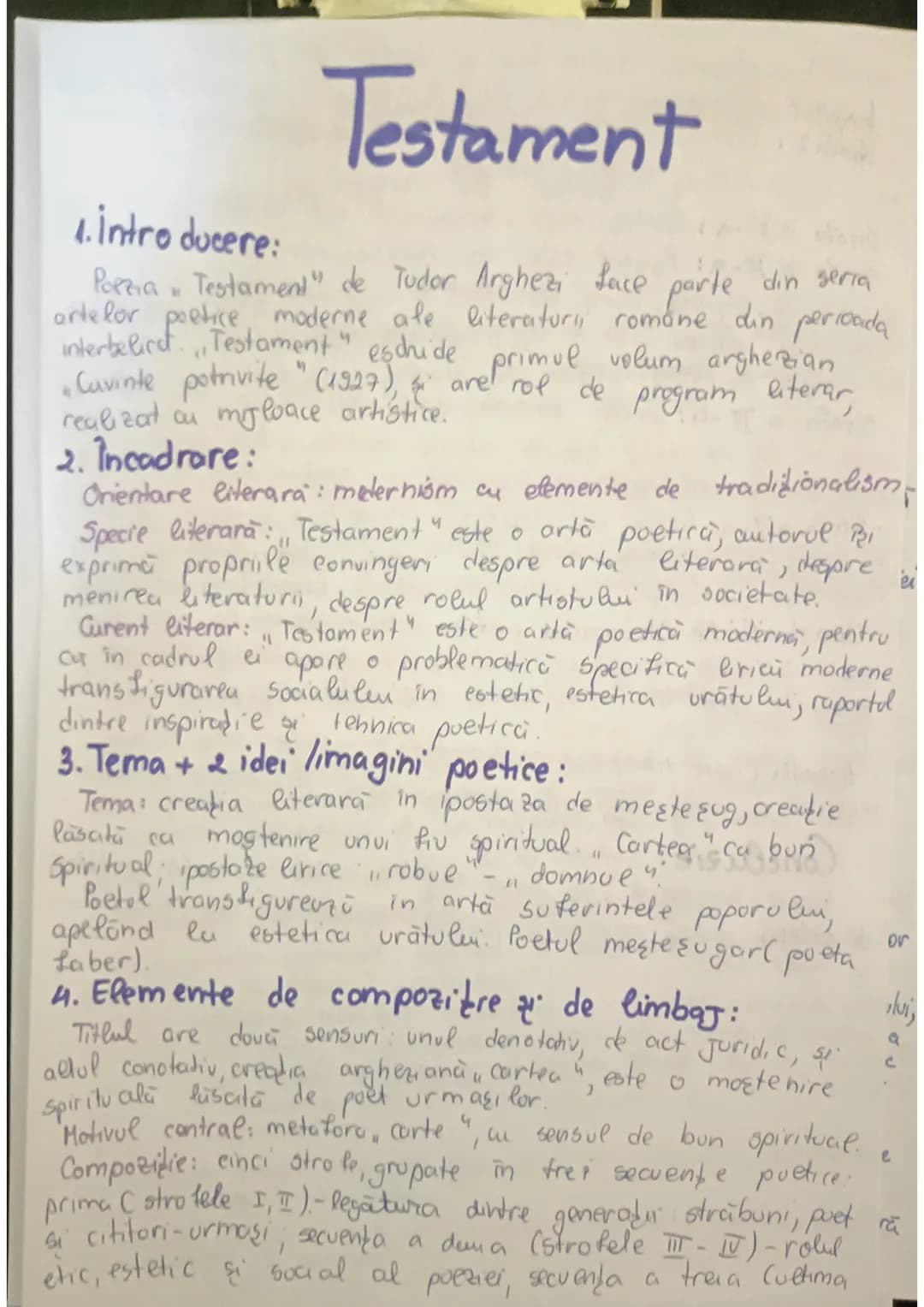 1. Intro ducere:
Poria
"Testament"
de Tudor Arghezi face parte din seria
artelor poetice moderne ale literaturi romane din perioada
interb