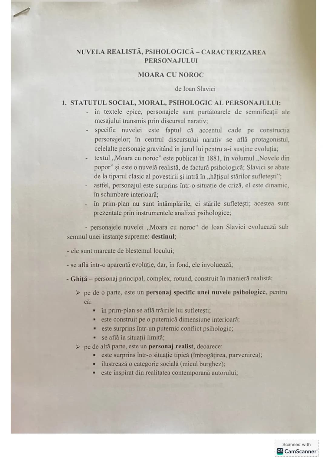 # NOVELLA REALISTĂ, PSIHOLOGICĂ – CARACTERIZAREA PERSONAJULUI
# MOARA CU NOROC
de Ioan Slavici
1. STATUTUL SOCIAL, MORAL, PSIHOLOGIC AL PE