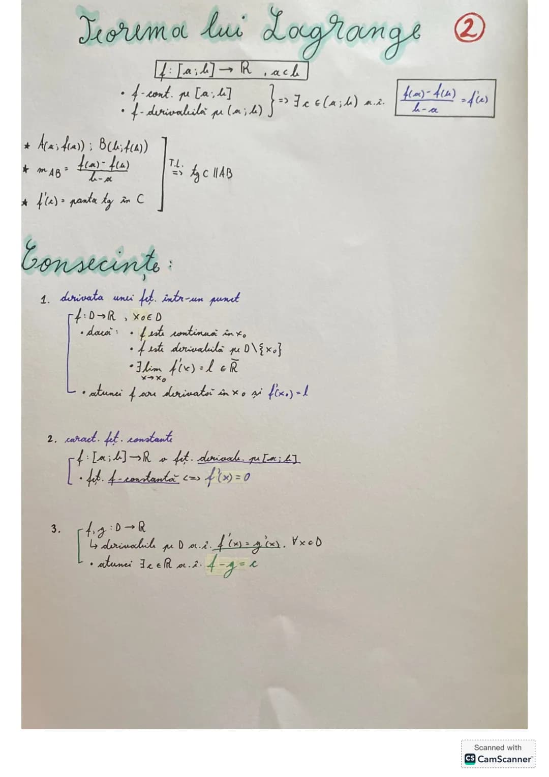 Prop. fct. derivabile
①
Puncte de extrem:
f:R→R, f(x) = ax²+bx+c
• dacă a>0 => V($\frac{-b}{2a}$;$\frac{-Δ}{4a}$) ↔ pet. de min. al parabole