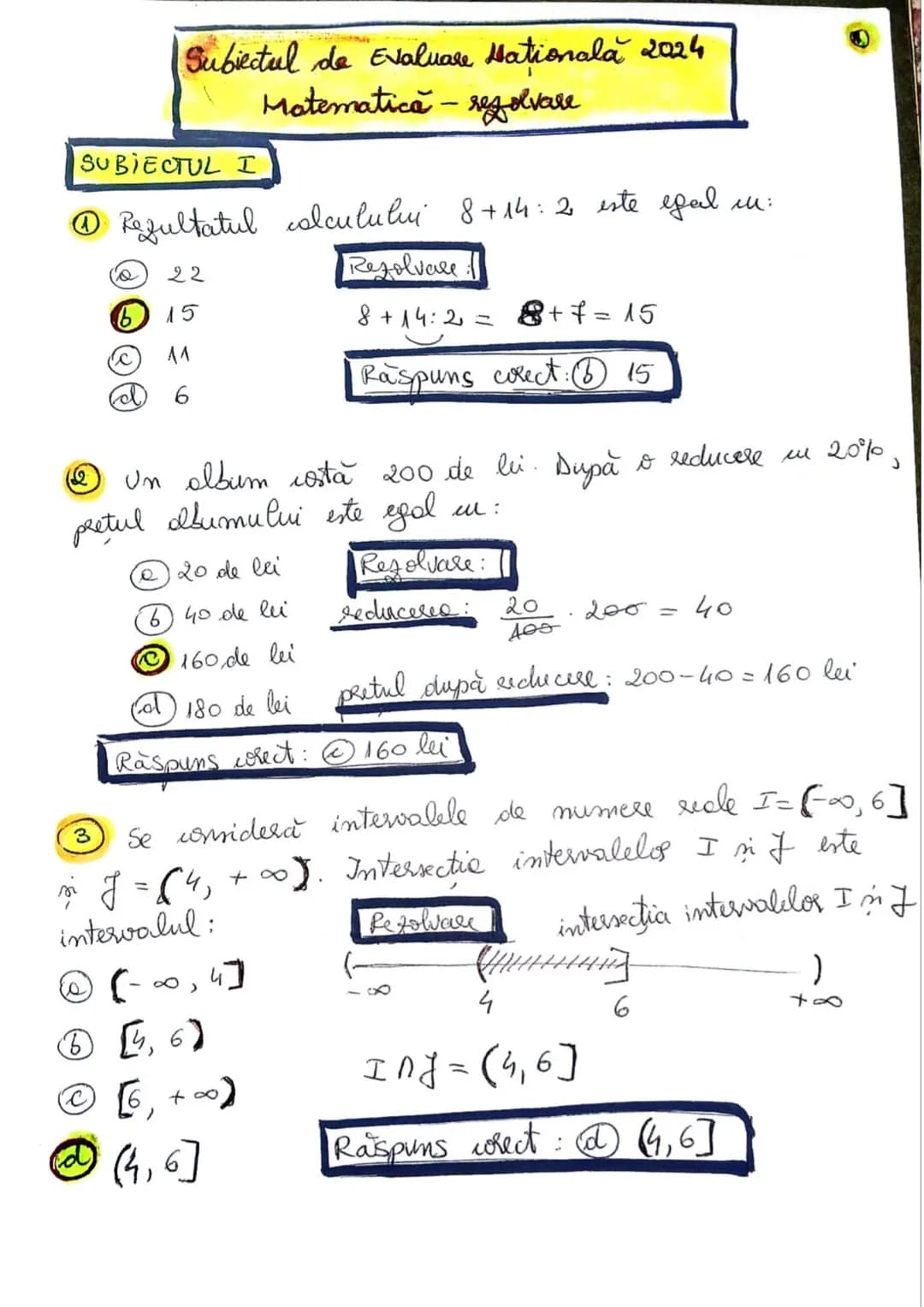 # Subiectul de Evaluare Națională 2024
Matematică – rezolvare
# SUBIECTUL I
1. Rezultatul calculului $8 + 14 \div 2$ este egal cu:
- 22
-