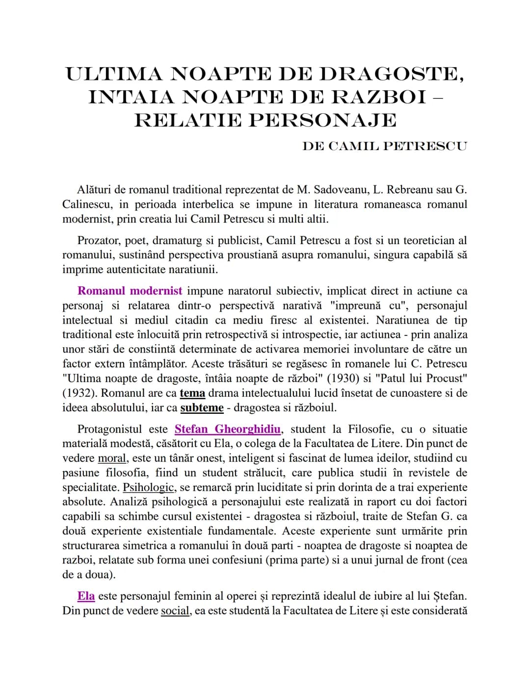 ULTIMA NOAPTE DE DRAGOSTE,
INTAIA NOAPTE DE RAZBOI -
RELATIE PERSONAJE
DE CAMIL PETRESCU
Alături de romanul traditional reprezentat de M. Sa