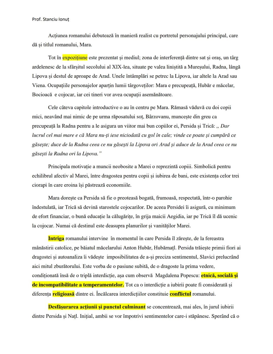 Prof. Stanciu lonuţ
Mara
de Ioan Slavici
Opera literară este un roman, prin amploarea acțiunii, desfășurată pe mai multe planuri,
cu un co