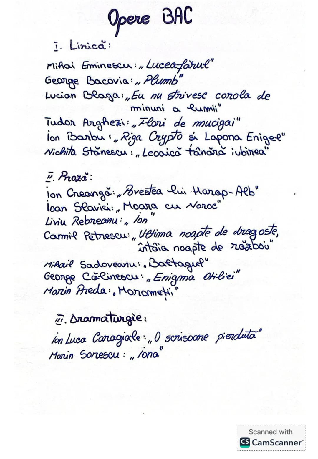 ## Opere BAC
### I. Lirica:
- Mihai Eminescu: "Luceafărul"
- George Bacovia: "Plumb"
- Lucian Blaga: "Eu nu strivesc corola de minuni a lu