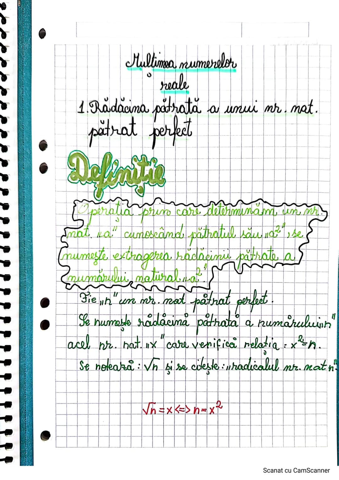 Multimea numerelor
reale
1. Rădăcina pătrată a unui nr. nat.
pătrat perfect
• Definitie
Operația prin care determinăm un nr.
mat. na" cunosc