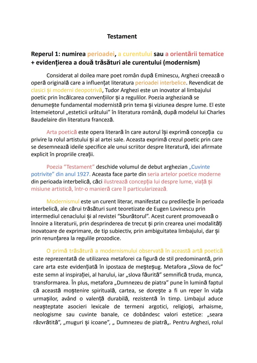 Testament
Reperul 1: numirea perioadei, a curentului sau a orientării tematice
+ evidenţierea a două trăsături ale curentului (modernism)
Co