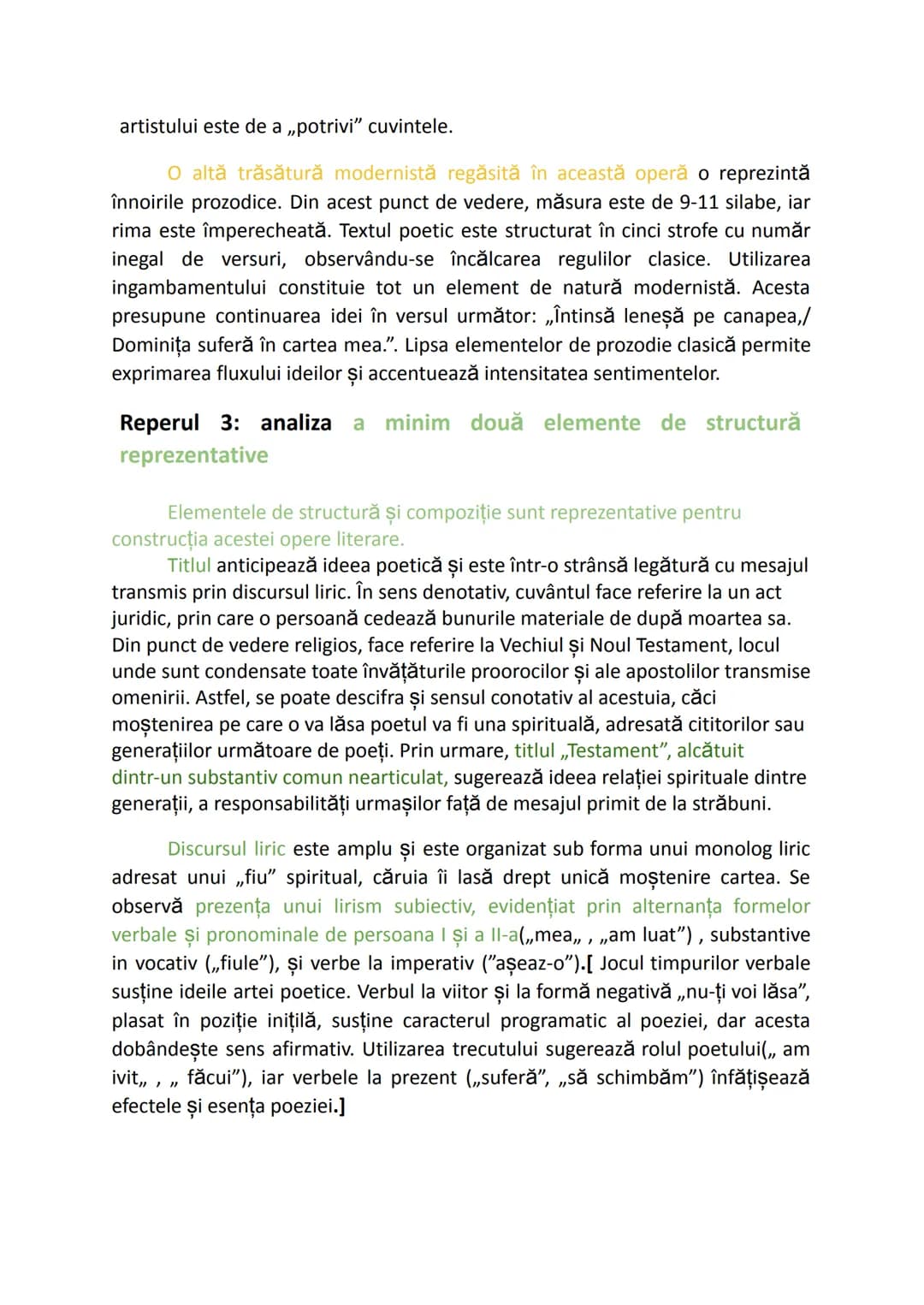 Testament
Reperul 1: numirea perioadei, a curentului sau a orientării tematice
+ evidenţierea a două trăsături ale curentului (modernism)
Co
