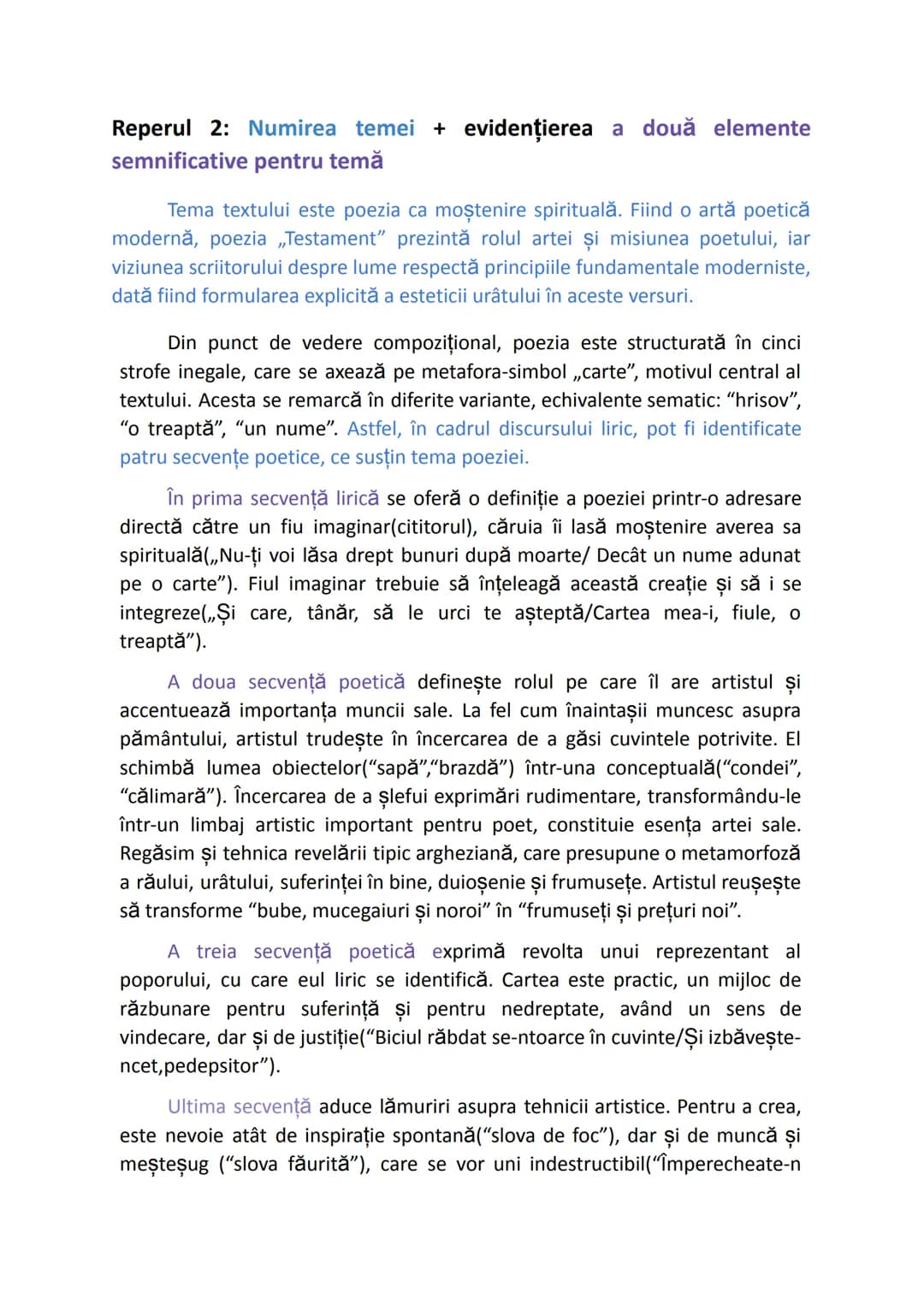 Testament
Reperul 1: numirea perioadei, a curentului sau a orientării tematice
+ evidenţierea a două trăsături ale curentului (modernism)
Co