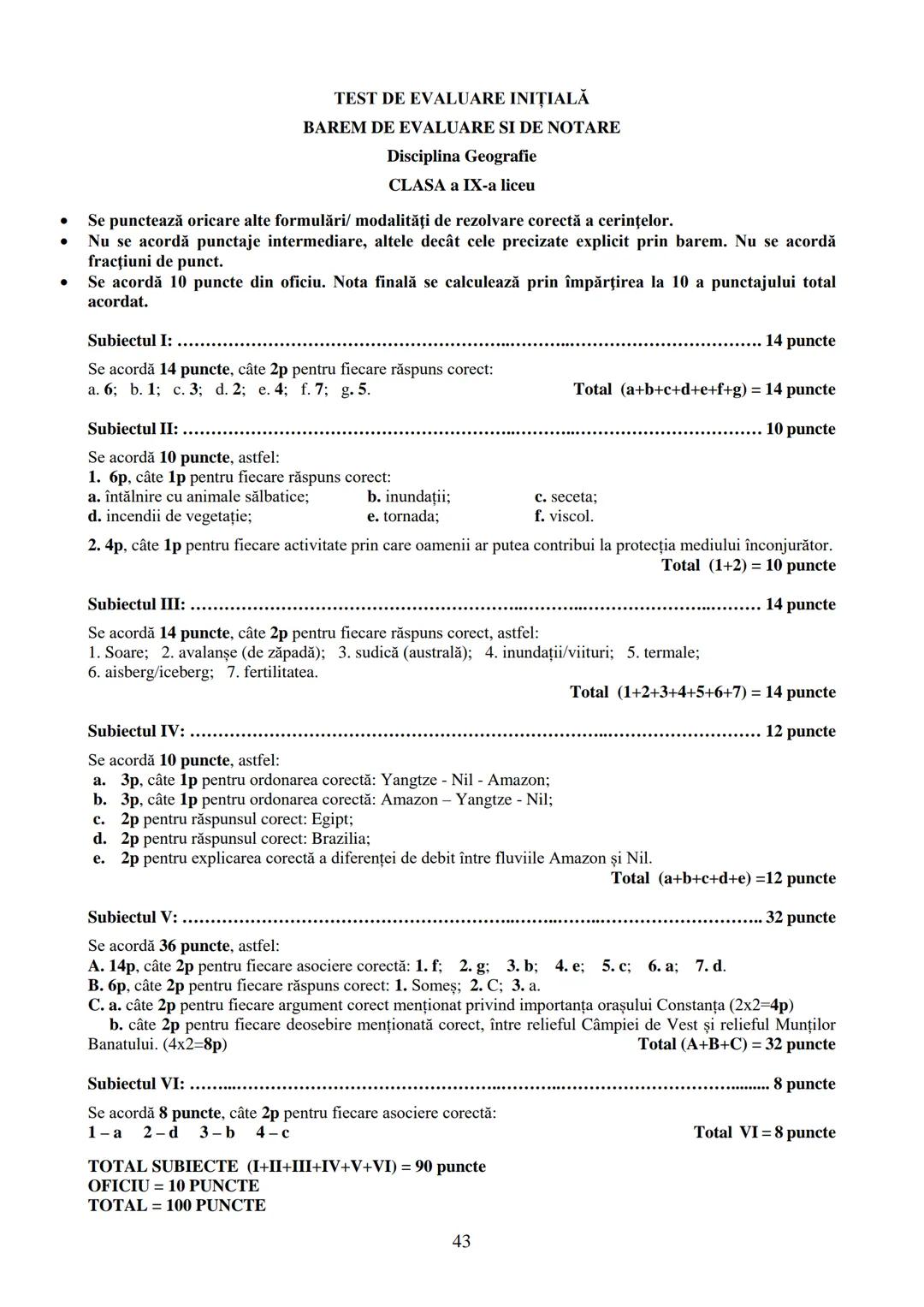 TEST DE EVALUARE INIŢIALĂ
Disciplina Geografie
Clasa a IX-a învăţământ liceal (toate filierele)
Pentru rezolvarea corectă a cerințelor se ac