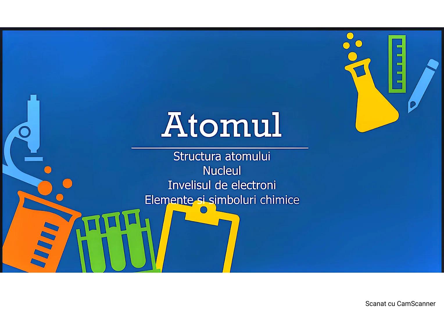 .....
Atomul
Structura atomului
Nucleul
Invelisul de electroni
Elemente si simboluri chimice
Scanat cu CamScanner Atomul- definitie
❖ "Atom"