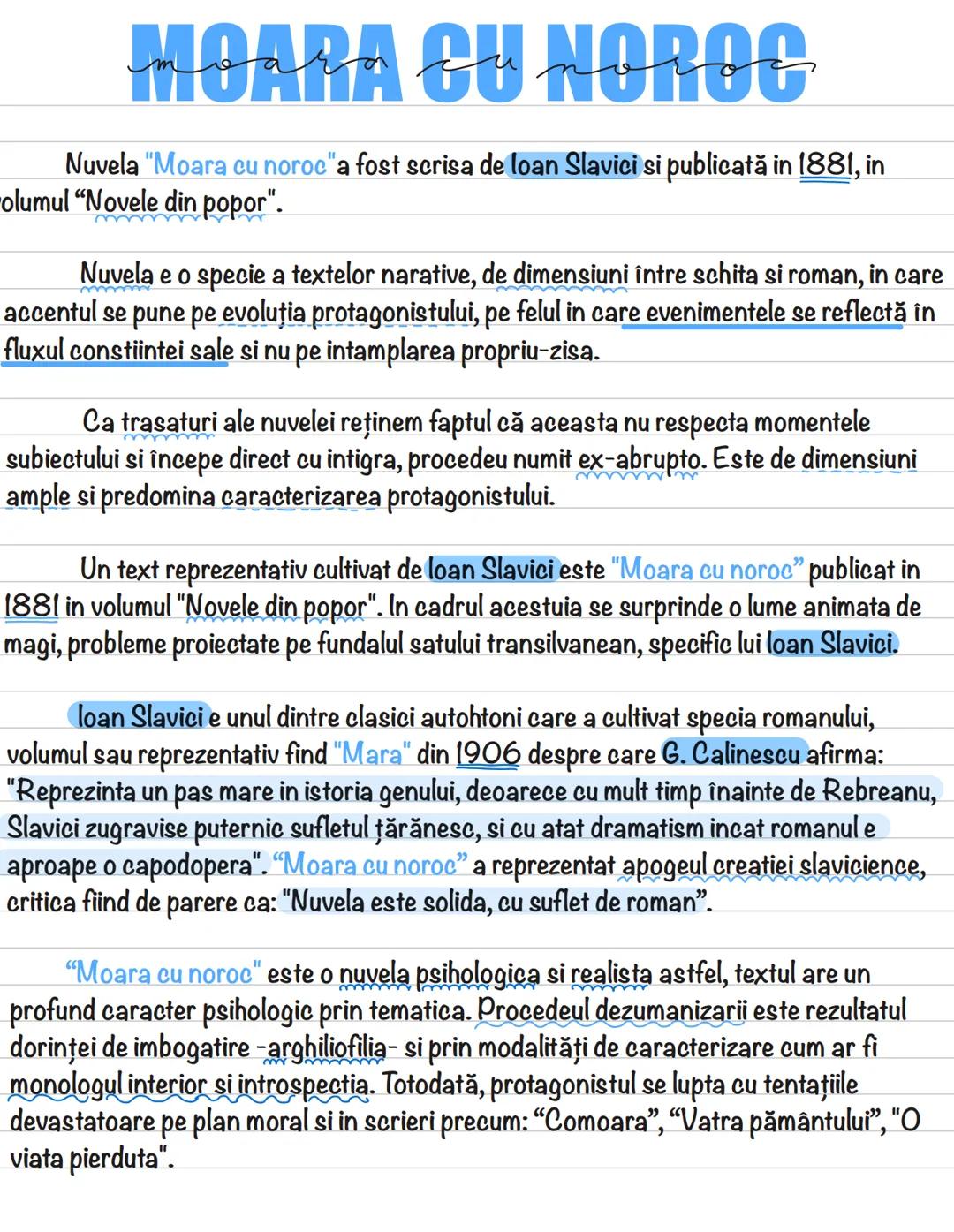 MOARA CU NOROC
Nuvela "Moara cu noroc" a fost scrisa de loan Slavici si publicată in 1881, in
olumul "Novele din popor".
Nuvela e o specie