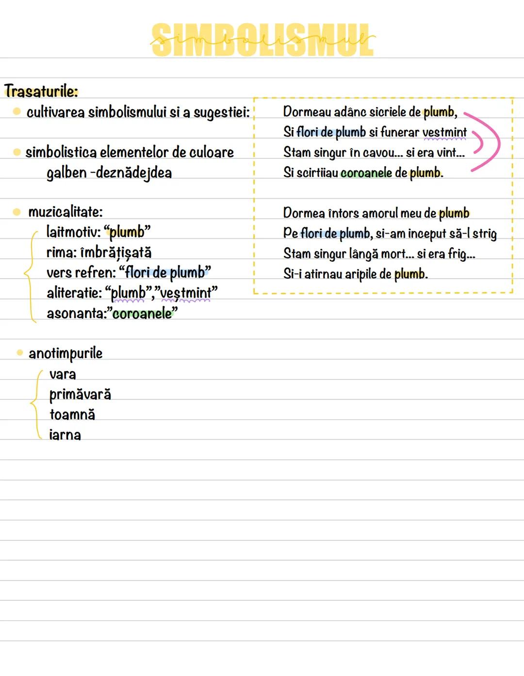 ## SIMBOLISMUL
### Trasaturile:
- cultivarea simbolismului si a sugestiei:
- simbolistica elementelor de culoare
galben -deznădejdea
- mu