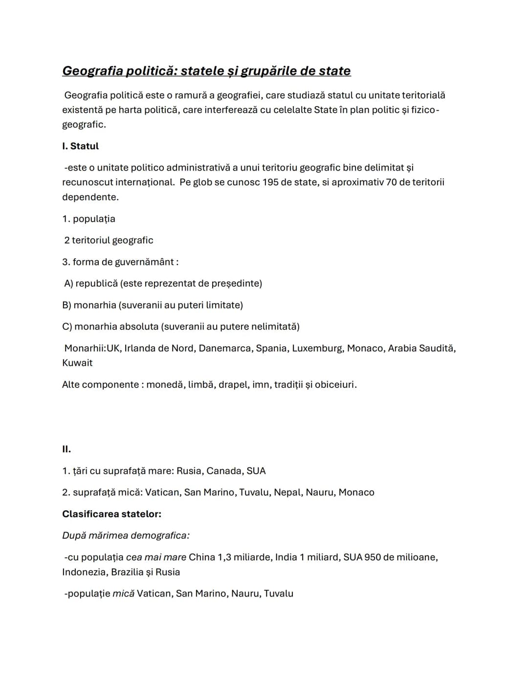 Geografia politică: statele și grupările de state
Geografia politică este o ramură a geografiei, care studiază statul cu unitate teritorială