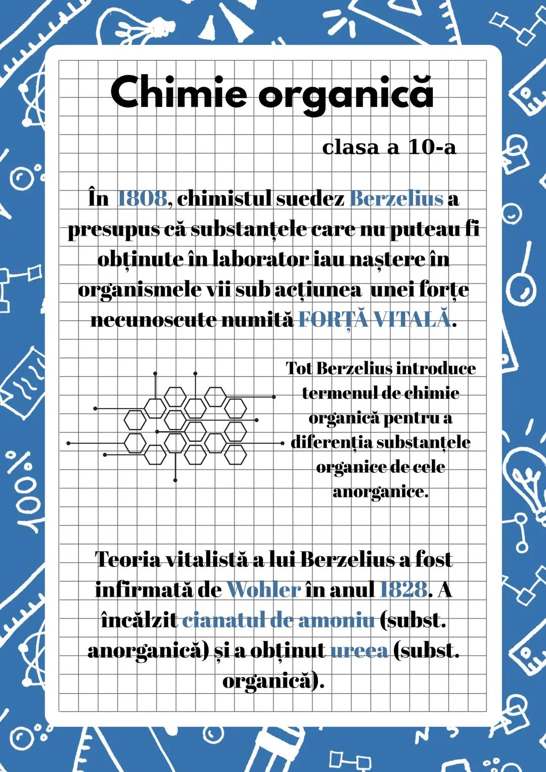 # Chimie organică
clasa a 10-a
În 1808, chimistul suedez Berzelius a
presupus că substanțele care nu puteau fi
obținute în laborator iau n