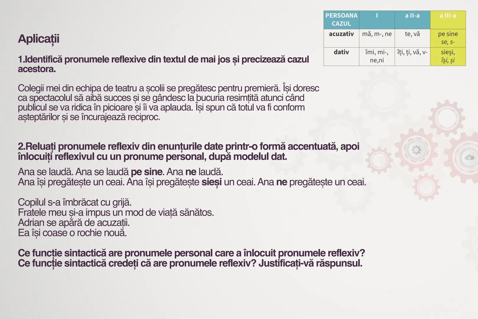 # CONSTRUCTII
# REFLEXIVE
Pronume reflexiv+ verb/substantiv
# CLASIFICARE
1. Pronumele reflexiv NU ARE funcție sintactică
-intră în compon