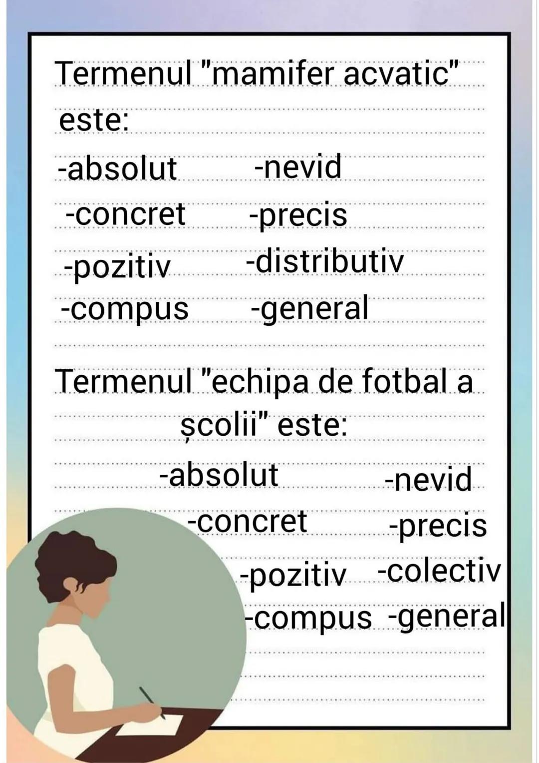 # Aplicații
## Clasificarea termenilor
- INTENSIUNE
- EXTENSIUNE Termenul "mamă" este:
-relativ -nevid
-pozitiv -precis
-simplu -distribut