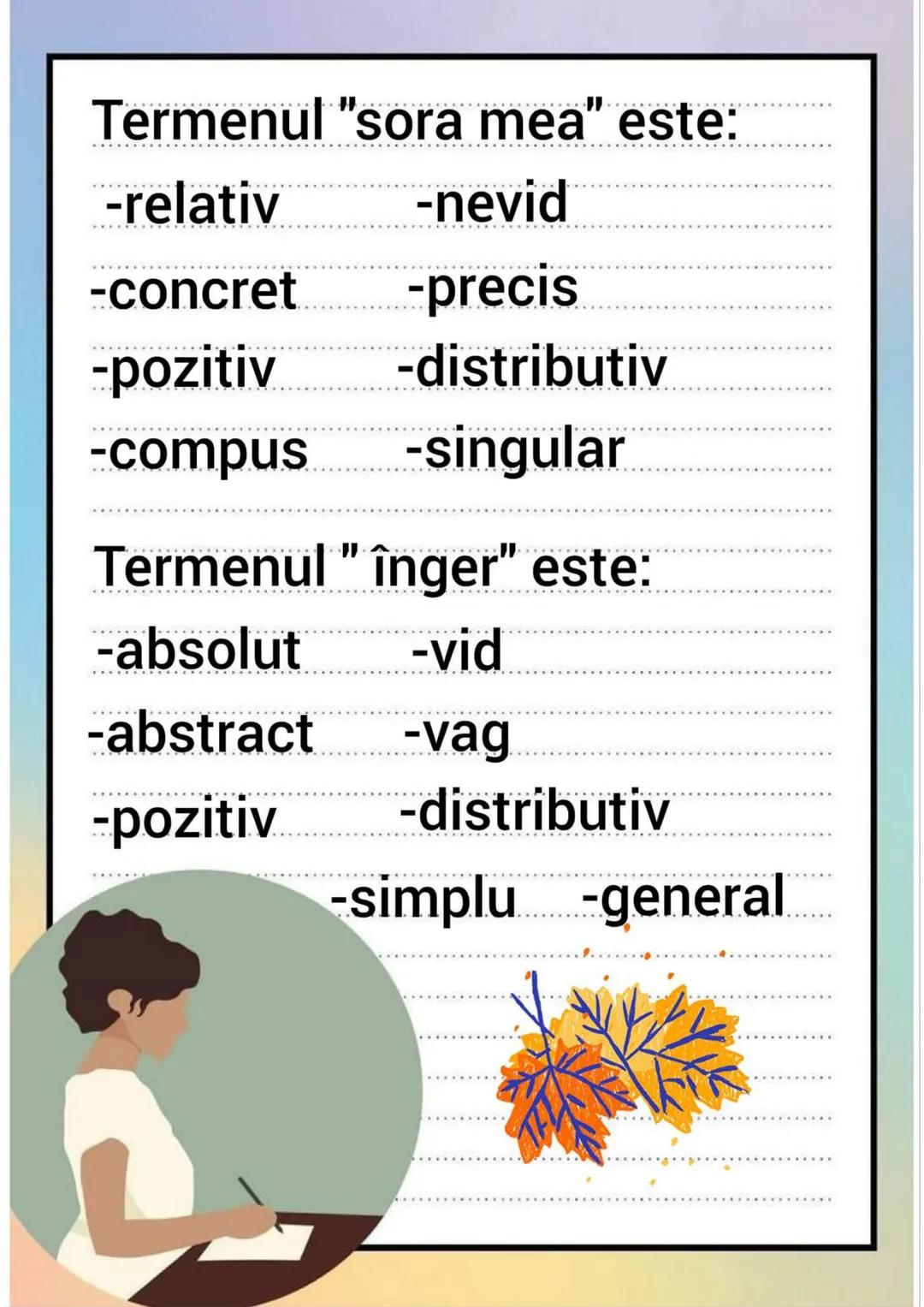 # Aplicații
## Clasificarea termenilor
- INTENSIUNE
- EXTENSIUNE Termenul "mamă" este:
-relativ -nevid
-pozitiv -precis
-simplu -distribut