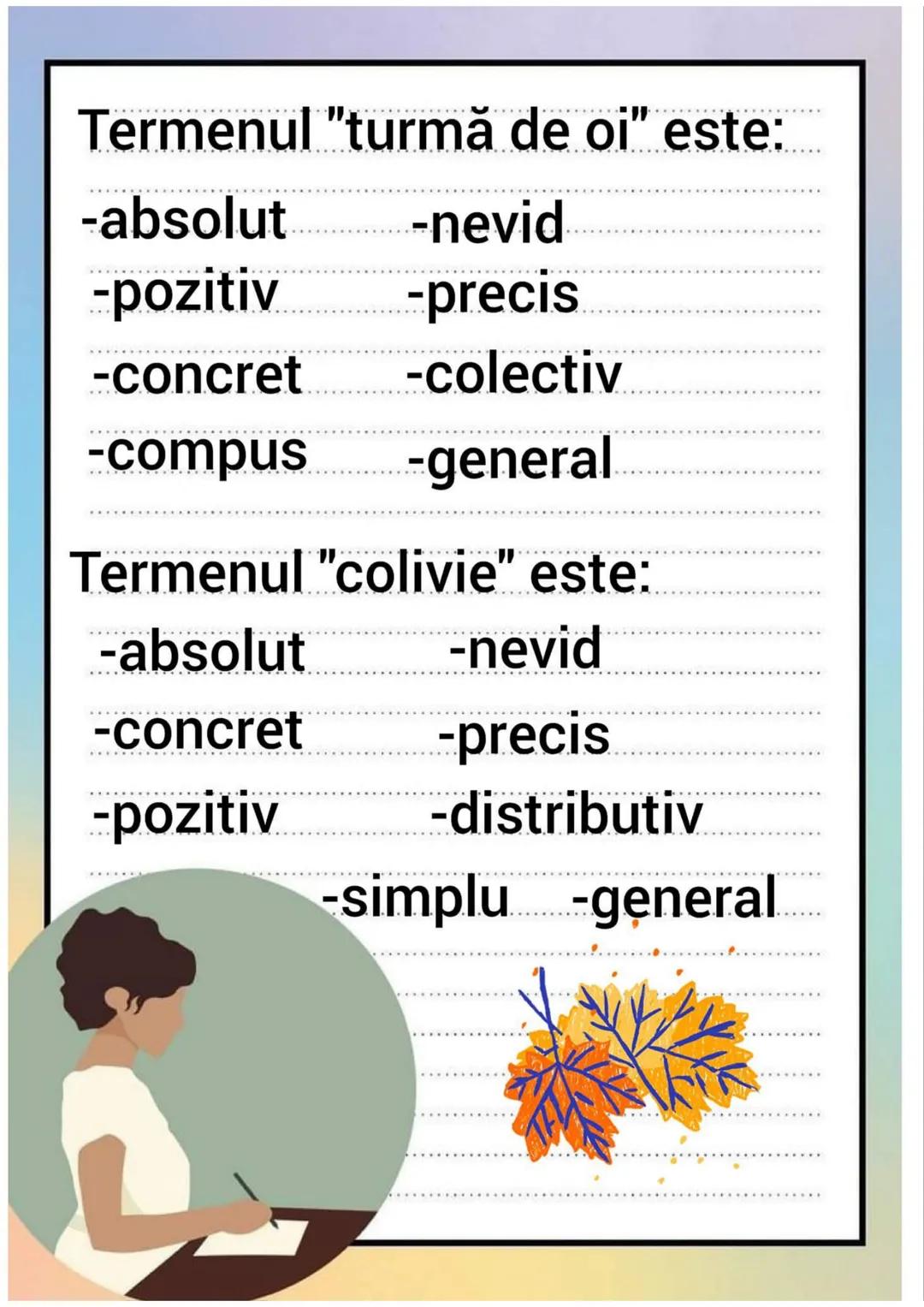 # Aplicații
## Clasificarea termenilor
- INTENSIUNE
- EXTENSIUNE Termenul "mamă" este:
-relativ -nevid
-pozitiv -precis
-simplu -distribut