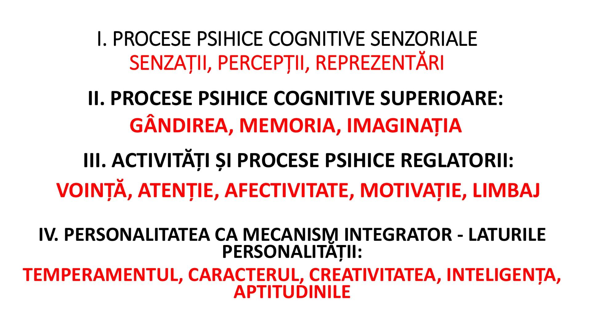 I. PROCESE PSIHICE COGNITIVE SENZORIALE
SENZAŢII, PERCEPȚII, REPREZENTĂRI
II. PROCESE PSIHICE COGNITIVE SUPERIOARE:
GÂNDIREA, MEMORIA, IMAGI
