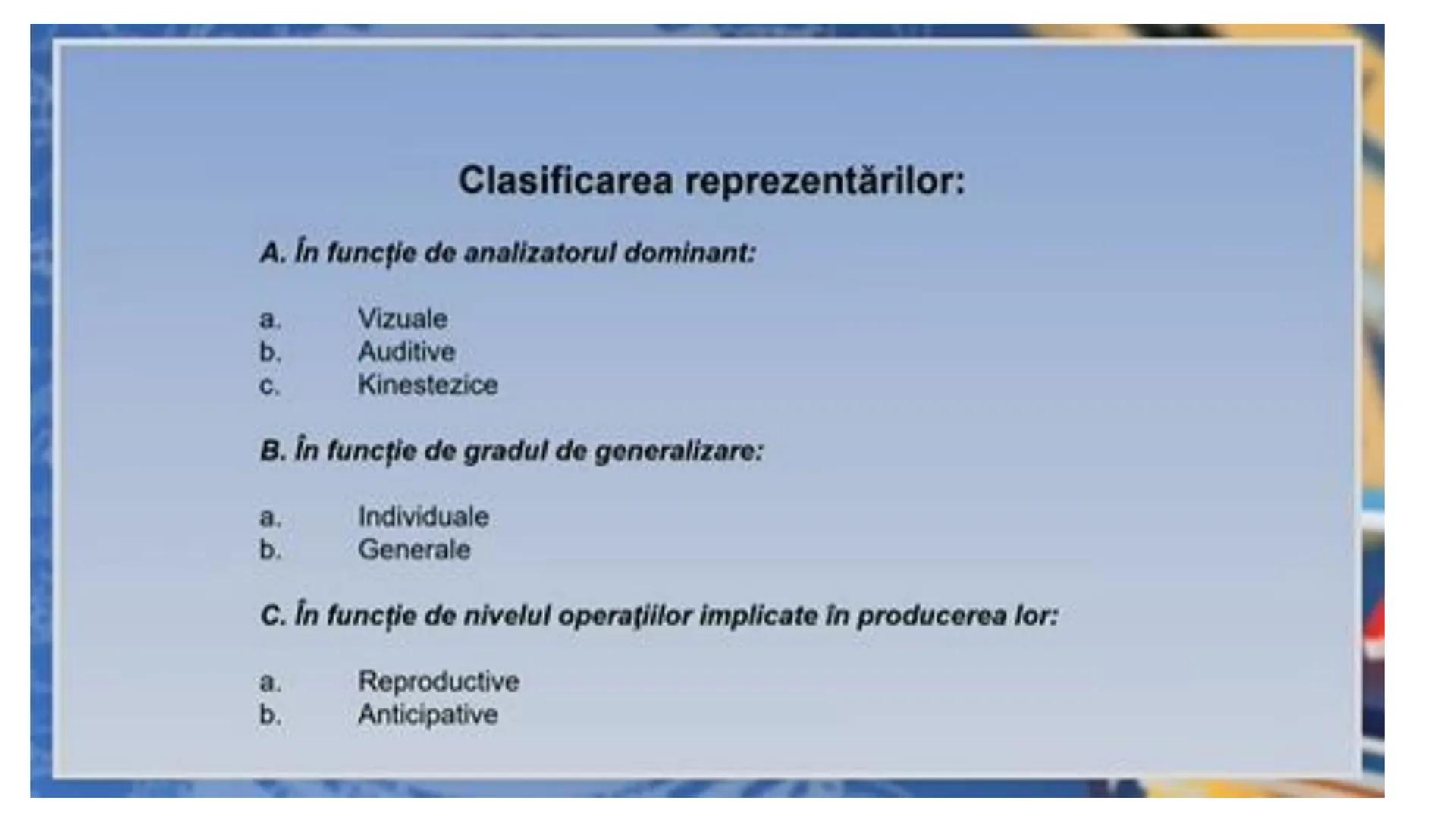 I. PROCESE PSIHICE COGNITIVE SENZORIALE
SENZAŢII, PERCEPȚII, REPREZENTĂRI
II. PROCESE PSIHICE COGNITIVE SUPERIOARE:
GÂNDIREA, MEMORIA, IMAGI