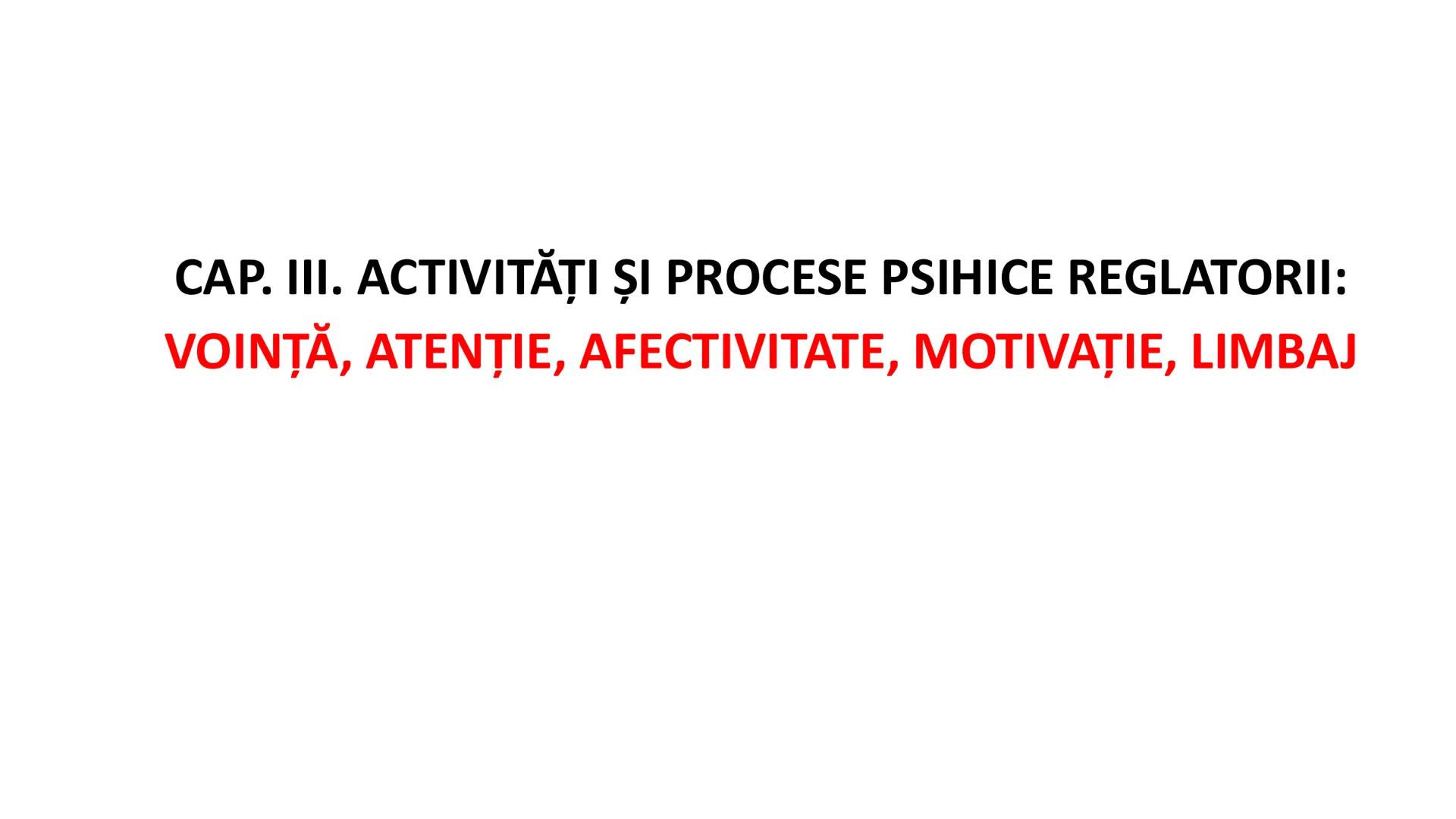 I. PROCESE PSIHICE COGNITIVE SENZORIALE
SENZAŢII, PERCEPȚII, REPREZENTĂRI
II. PROCESE PSIHICE COGNITIVE SUPERIOARE:
GÂNDIREA, MEMORIA, IMAGI