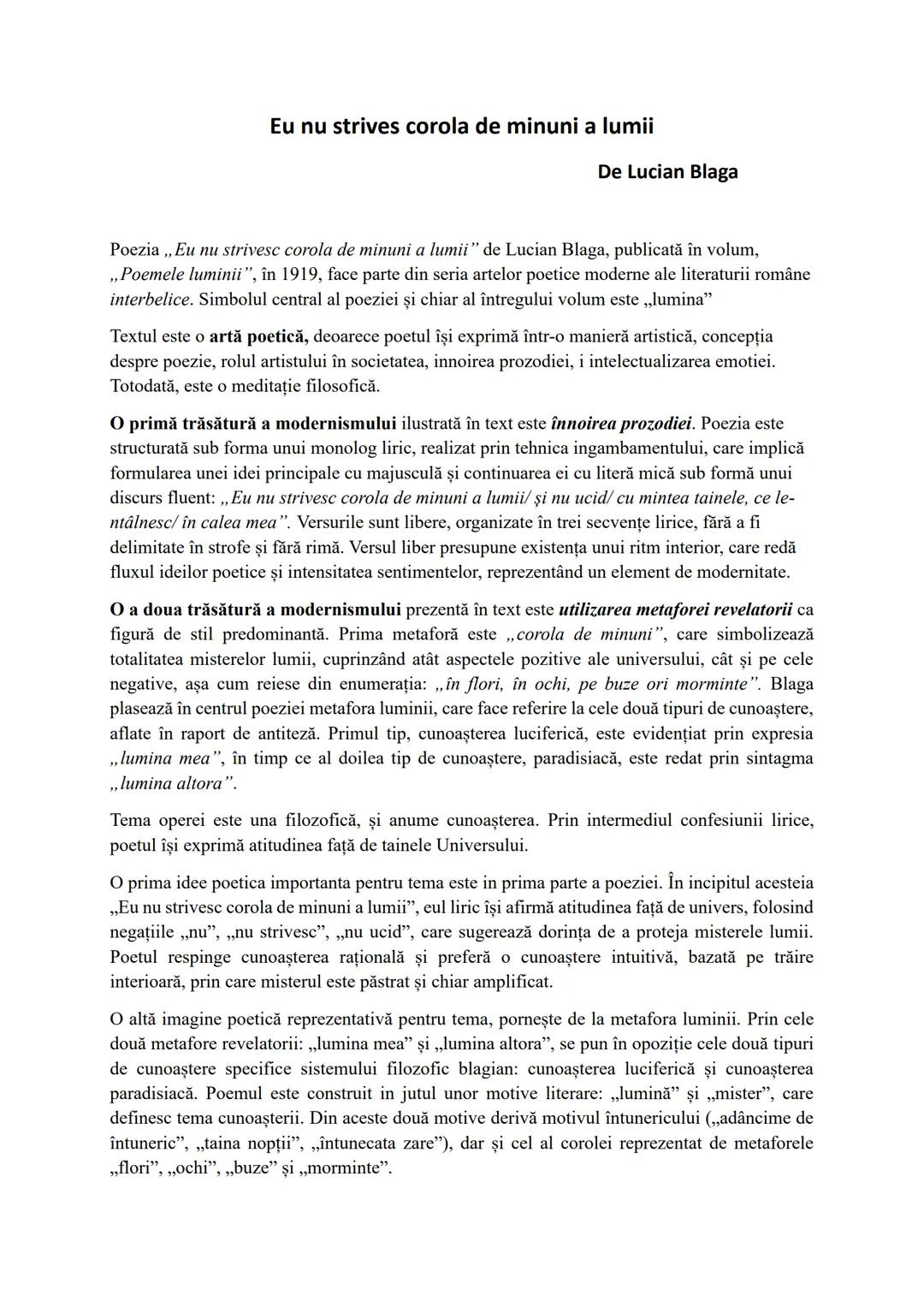 # Eu nu strives corola de minuni a lumii
De Lucian Blaga
Poezia,, Eu nu strivesc corola de minuni a lumii" de Lucian Blaga, publicată în v