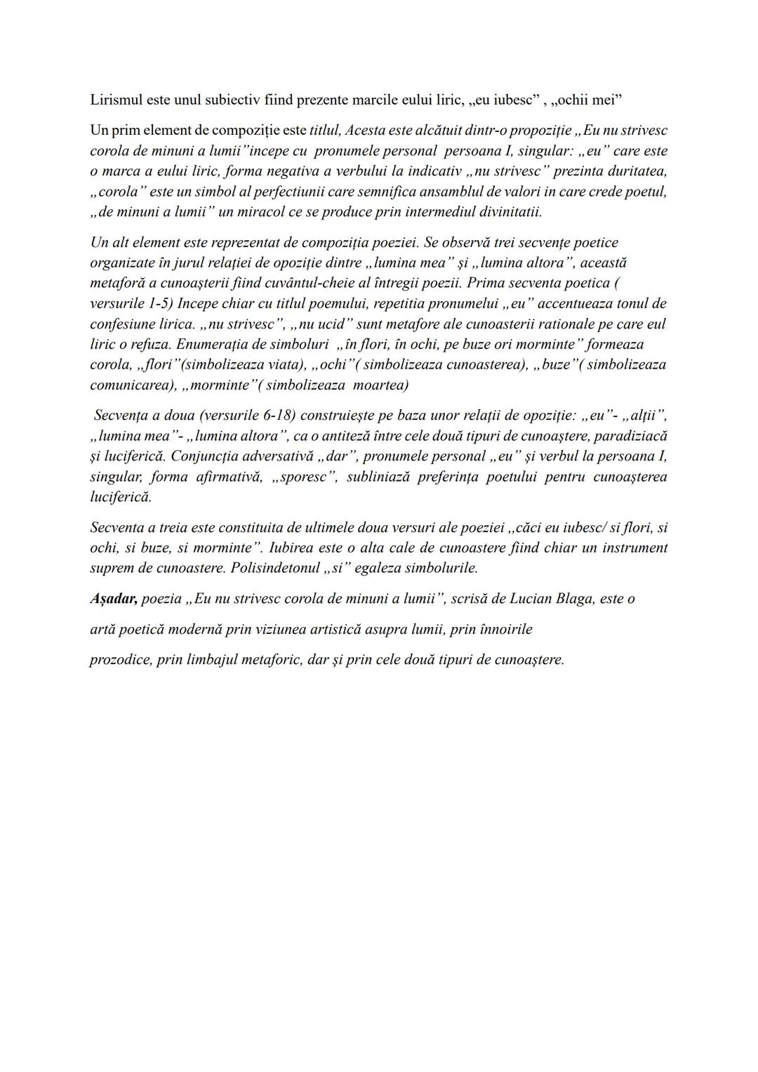 # Eu nu strives corola de minuni a lumii
De Lucian Blaga
Poezia,, Eu nu strivesc corola de minuni a lumii" de Lucian Blaga, publicată în v