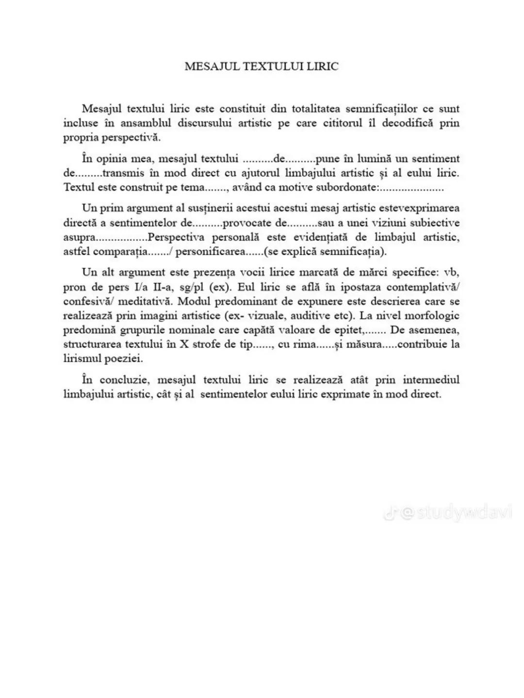 # MESAJUL TEXTULUI LIRIC
Mesajul textului liric este constituit din totalitatea semnificațiilor ce sunt
incluse în ansamblul discursului ar
