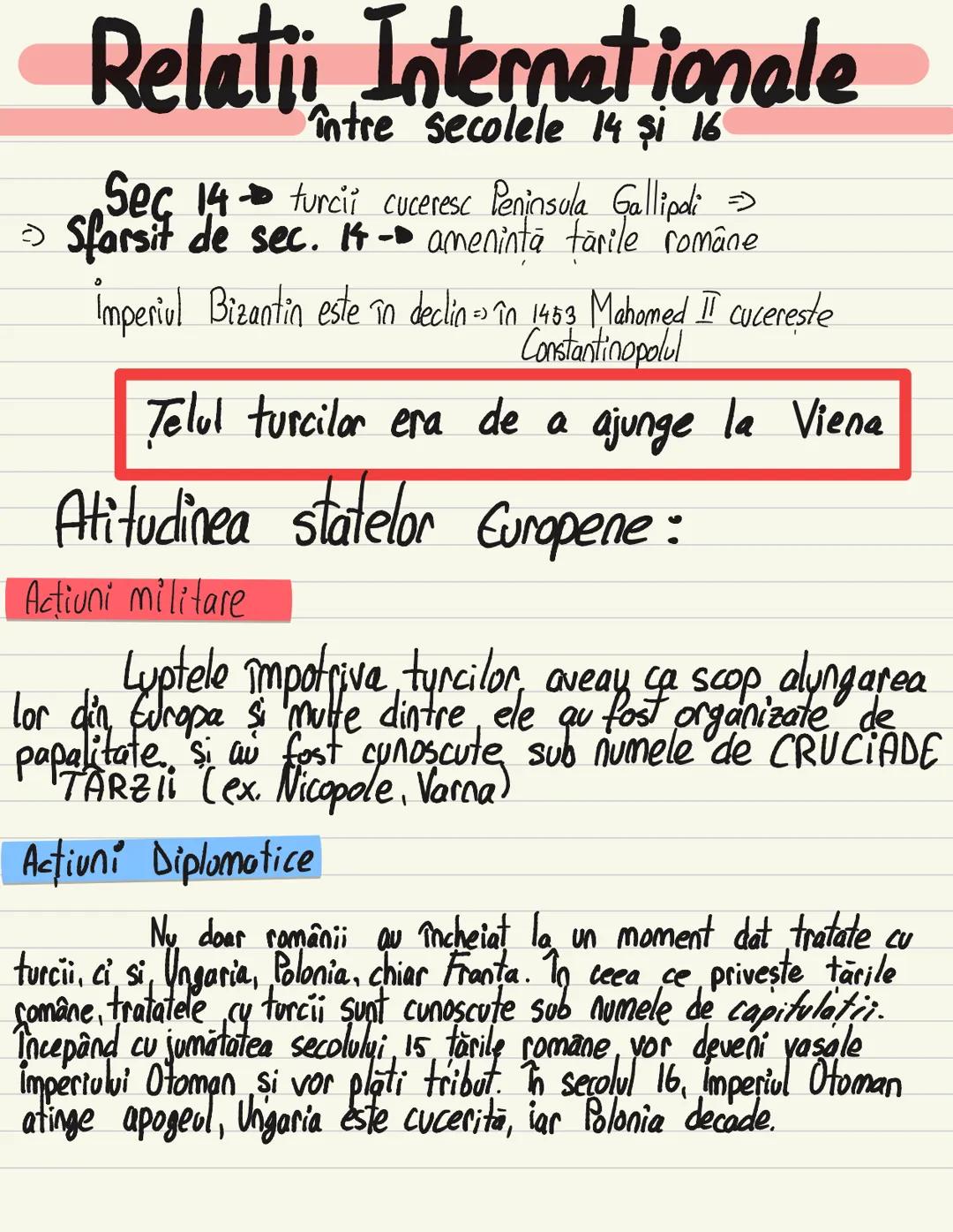 # Relatii Internationale
Sec 14 turcii cuceresc Peninsula Gallipoli
→ Sfarsit de sec. 14 amenintä tärile române
Imperiul Bizantin este î