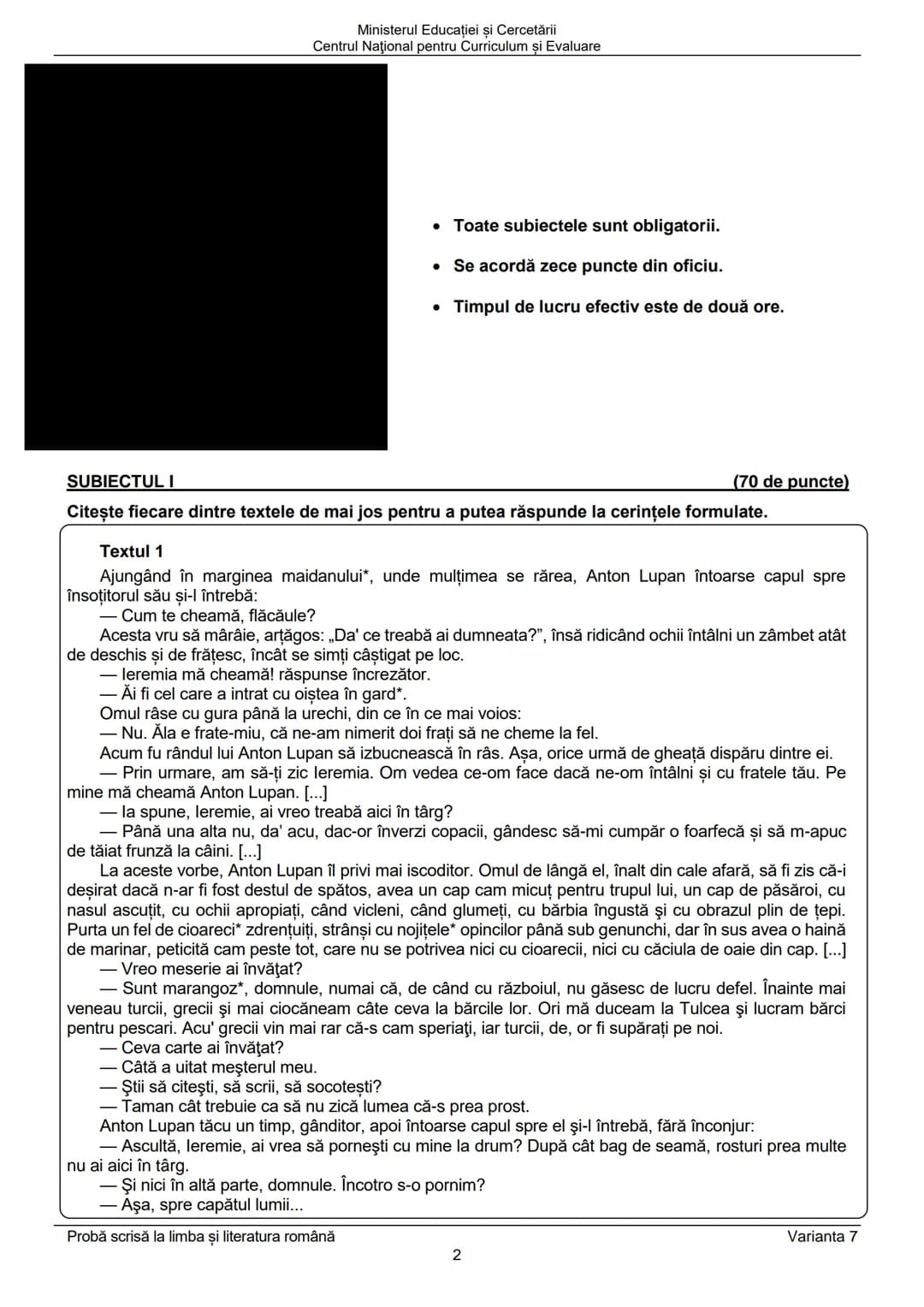 Ministerul Educației și Cercetării
Centrul Naţional pentru Curriculum şi Evaluare
Prezenta lucrare conține __________ pagini
Numele:______