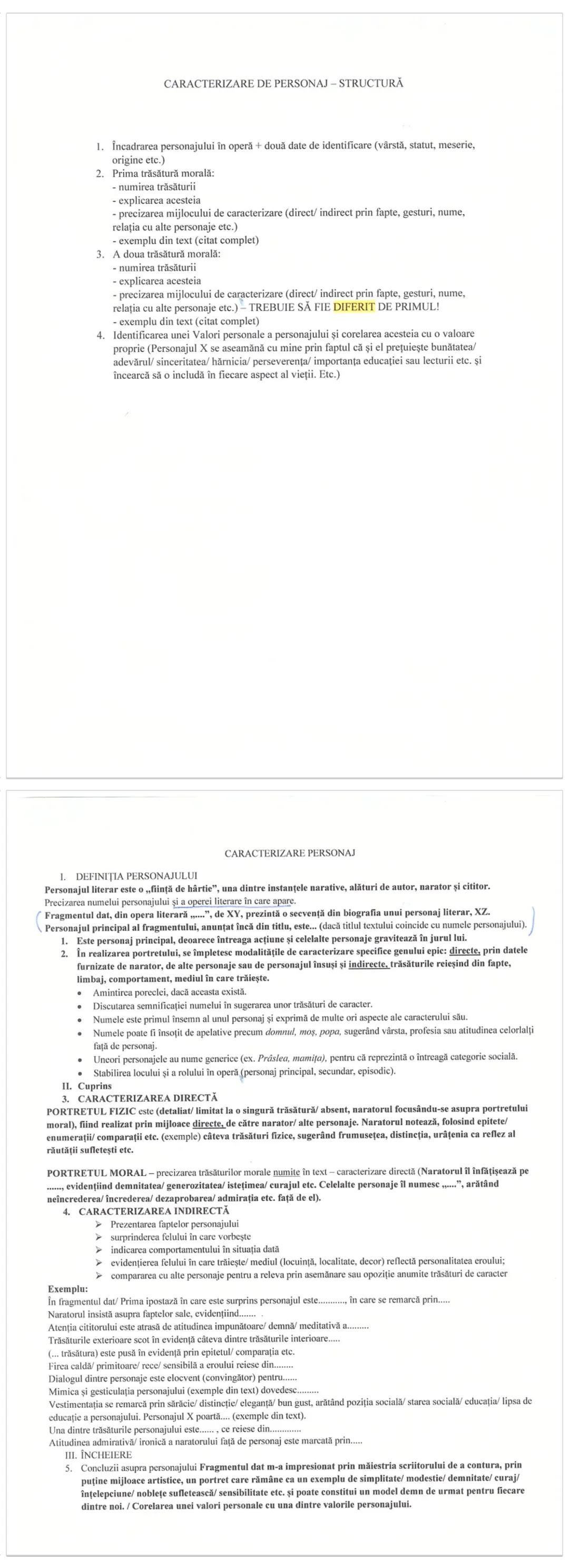 # CARACTERIZARE DE PERSONAJ-STRUCTURA
1. Incadrarea personajului în operă două date de identificare (värstă, statut, meserie,
origine et