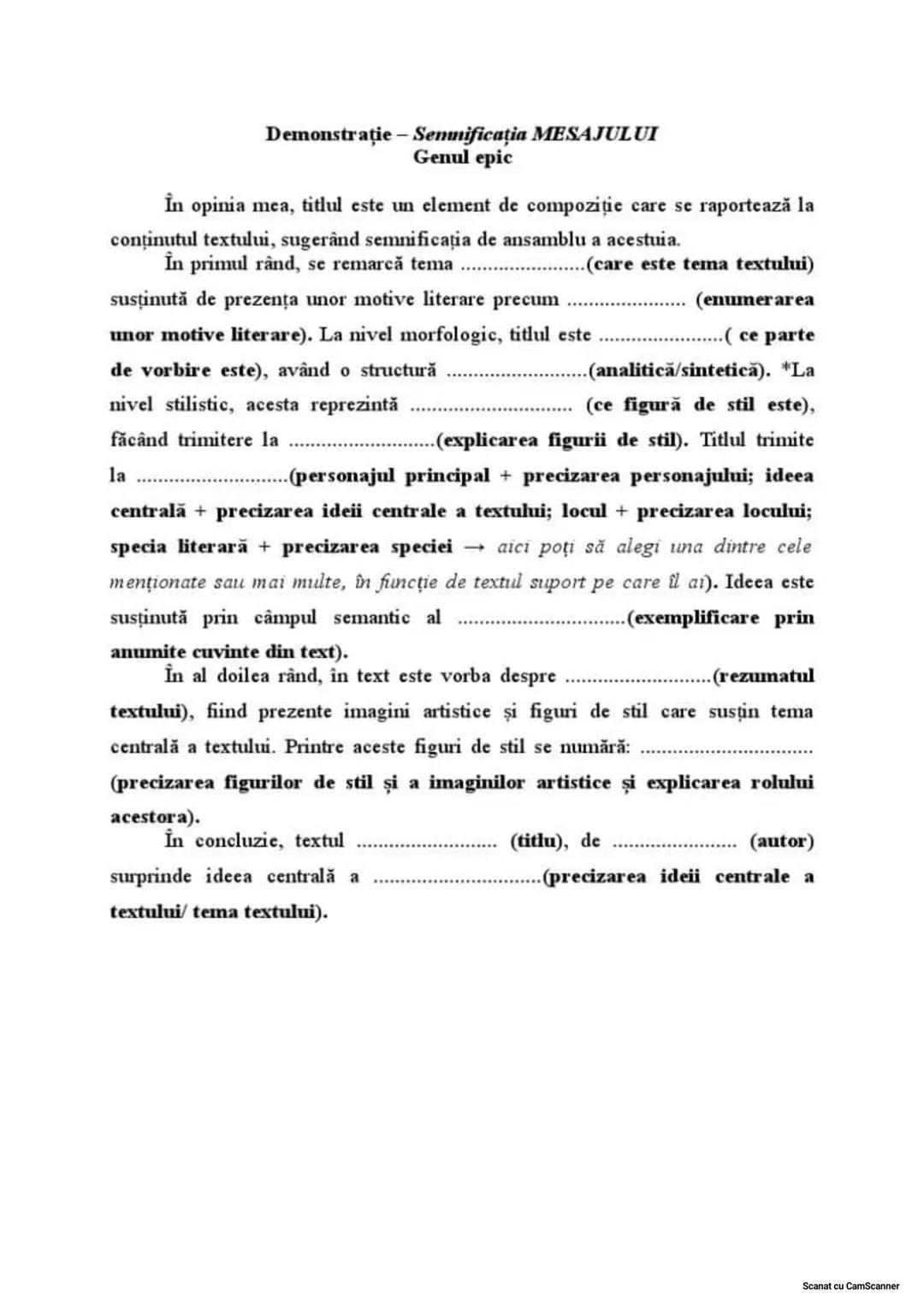 In redactarea textului:
Mesajul textului
- vei preciza mesajuli/o semnificatie a textului, prin referire la tema
-vei prezenta unu/doua ele